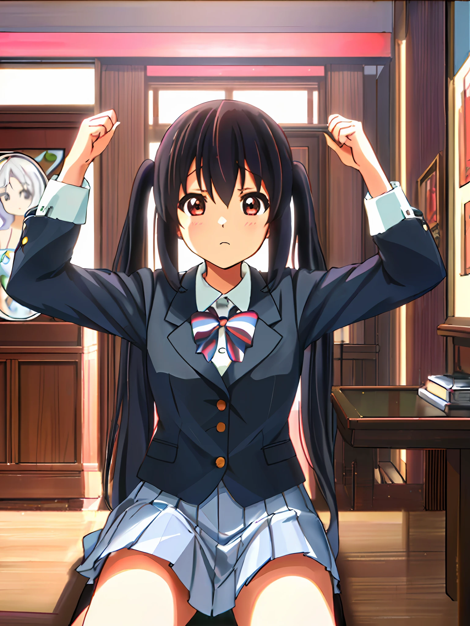 1girl, ((((Masterpiece))), Best Quality, Best Quality, High Detail, Azusa Nakano, 1girl, Sakuragaoka High School Uniform, Musical Instrument, School Uniform, Twin Tails, Long Hair, Black Hair, Brown Eyes, Solo, Red, Dark blue blazer with a thin ribbon of red, Solid white button shirt under blazer, Illustration, Cartoon, Soothing tones, Muted colors, Soft cinematic light, Adobe Lightroom, Photo Lab, HDR, complex and highly detailed, (((depth of field))))). (((Masterpiece))). (((highest quality))).) ((super detail))). (((Illustration))). (((Room))). (((fighting stance))).,dynamic focus.small breasts. (((Face of sadness))).Spread your arms.Stretch your chest.Sit down.Close your mouth.