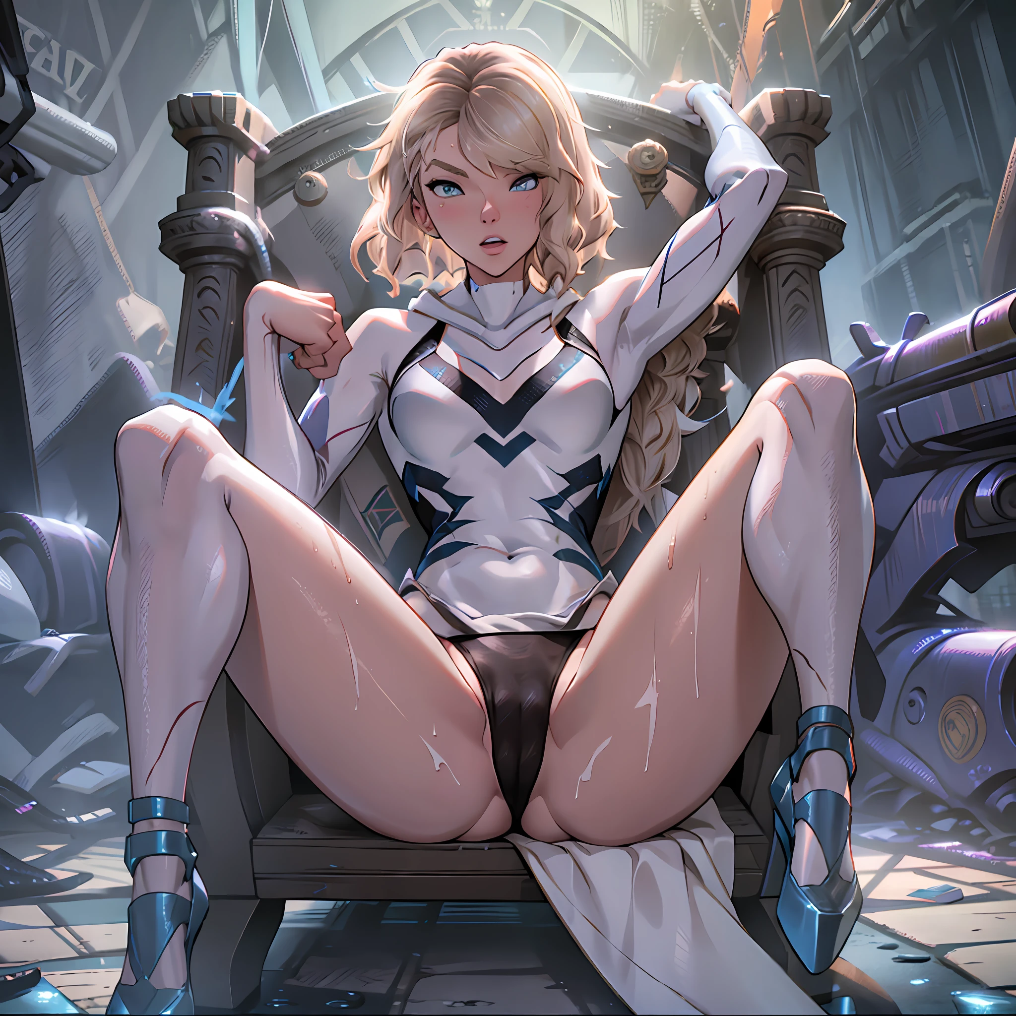 Taylor Swift sat on the iron throne, dressed in thong panties and light blue high heels, and with her legs spread showing off her wet white panties, body soaked in sweat