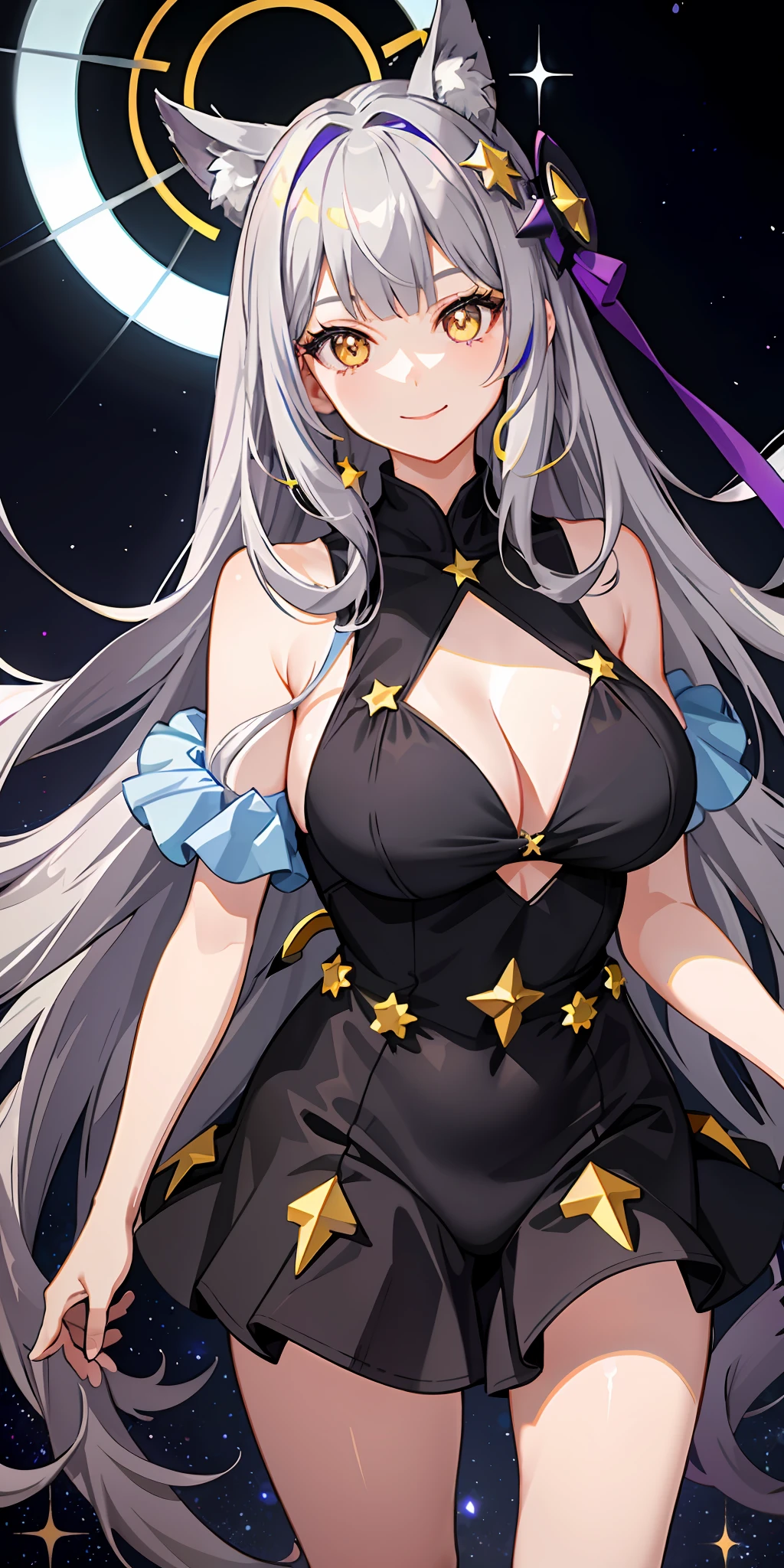 1girl, bright, purplish gray hair, snappy bangs, long hair, curled hair, yellow eyes, star motif, multicolored hair, saleme, head mask, side lights, light particles, wallpaper, big, plump, idol, swimsuit, loose fluffy, smile, gentle, clear, energetic