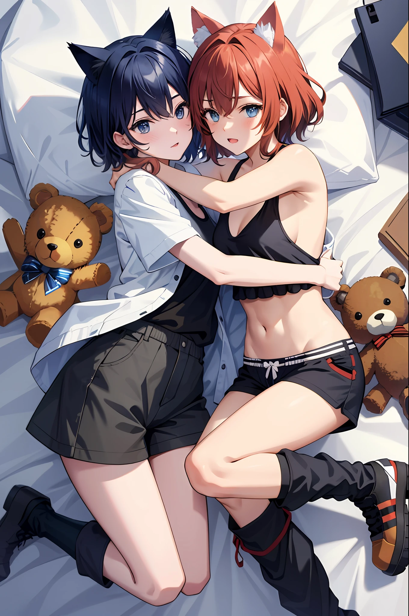 A cat ear boy short shorts, shirtless boots, hugging a teddy bear