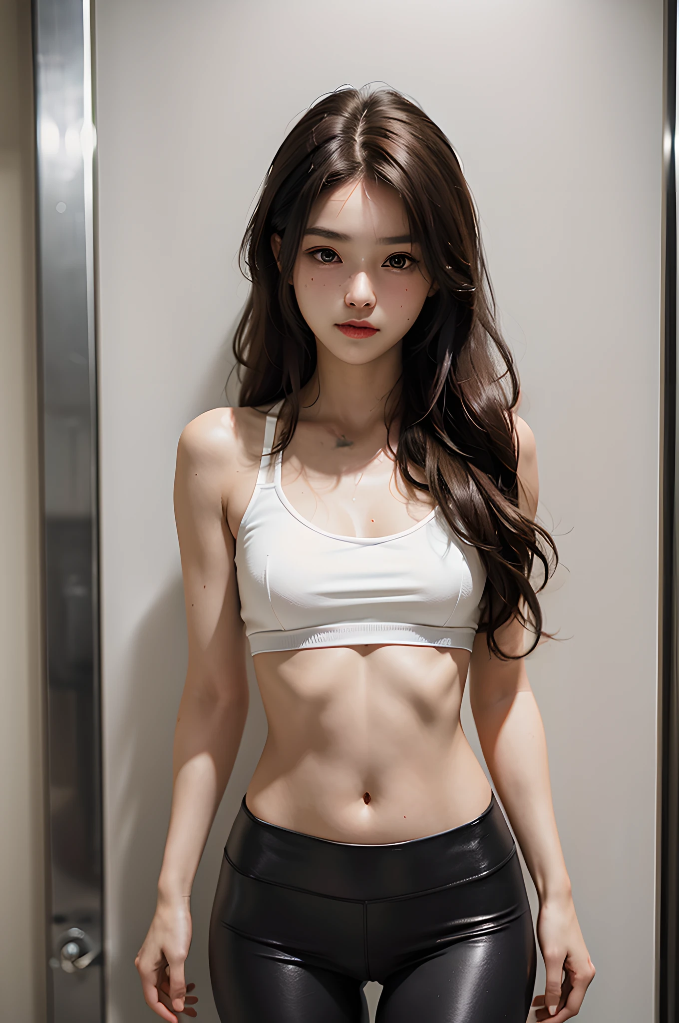 (Solo exhibition), (Detailed full body RAW photo of a girl), (Masterpiece: 1.0), (Best quality: 1.4), (Ultra resolution: 1.2), (Realistic: 1.4), 8k resolution, Canon EOS R5, 50mm, Ridiculous, Ultra detail, full body image, (18yo), Clear focus, Cinematic lighting, Detailed beautiful face, (Makeup: 1.2), (ULZZANG-6500-v1.1), Petite figure, Detailed skin texture, Pale skin , flat, (slim toned body: 1.3), thigh gaps, detailed brown hair, (very messy hair: 1.5), (Avril Avril Avril :0.7), smile, (sports bra, sports leggings: 1.4), realistic sparkling skin, (bedrooms: 1), (Carmelto: 1.3), (sweating: 1.45), slender waistline, seductive smile, solo