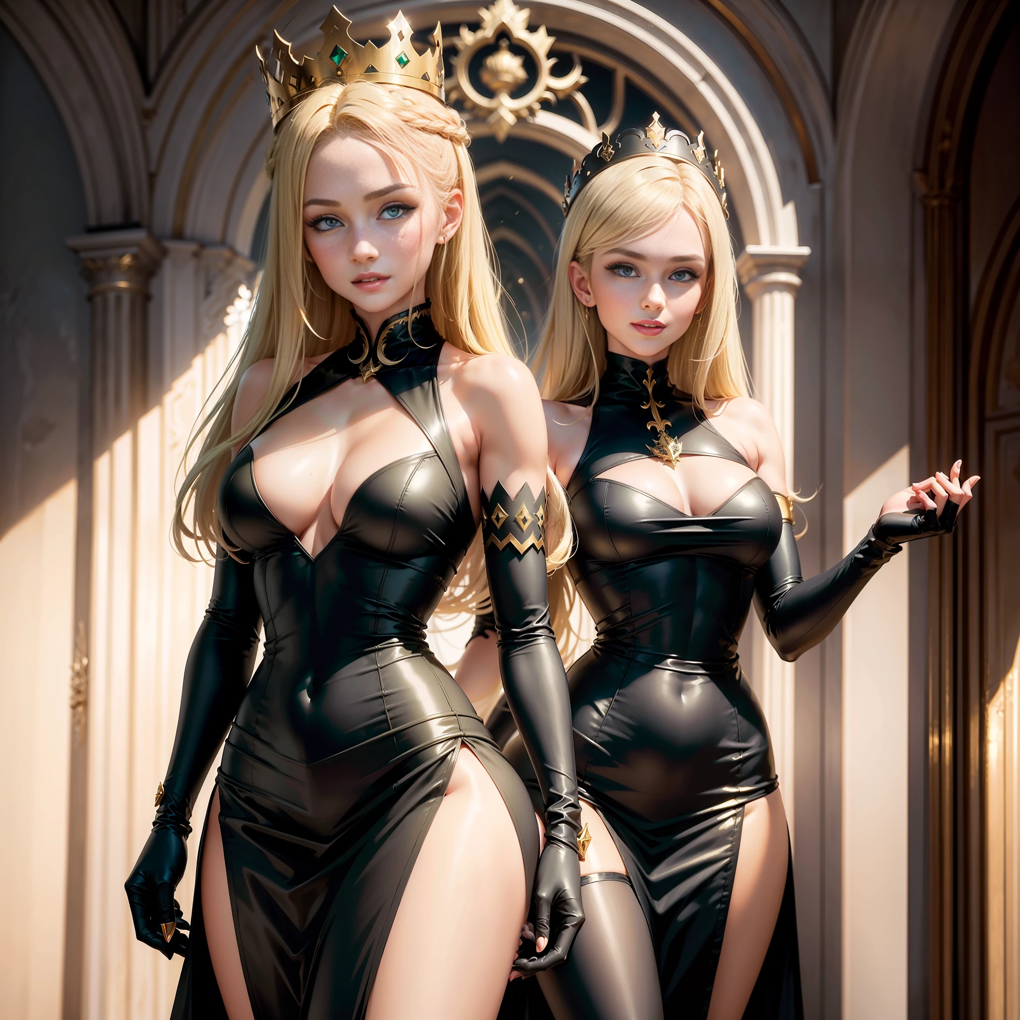 1 girl, masterpiece, blond hair, dark green eyes, European face, highest quality, solo focus, (perfect face: 1.1), (high detail: 1.1), gray tight dress, black gloves, golden crown, gothic architecture, beautiful wide smile, full shot, slim body, (high definition body), Atlantic physique, small breasts.