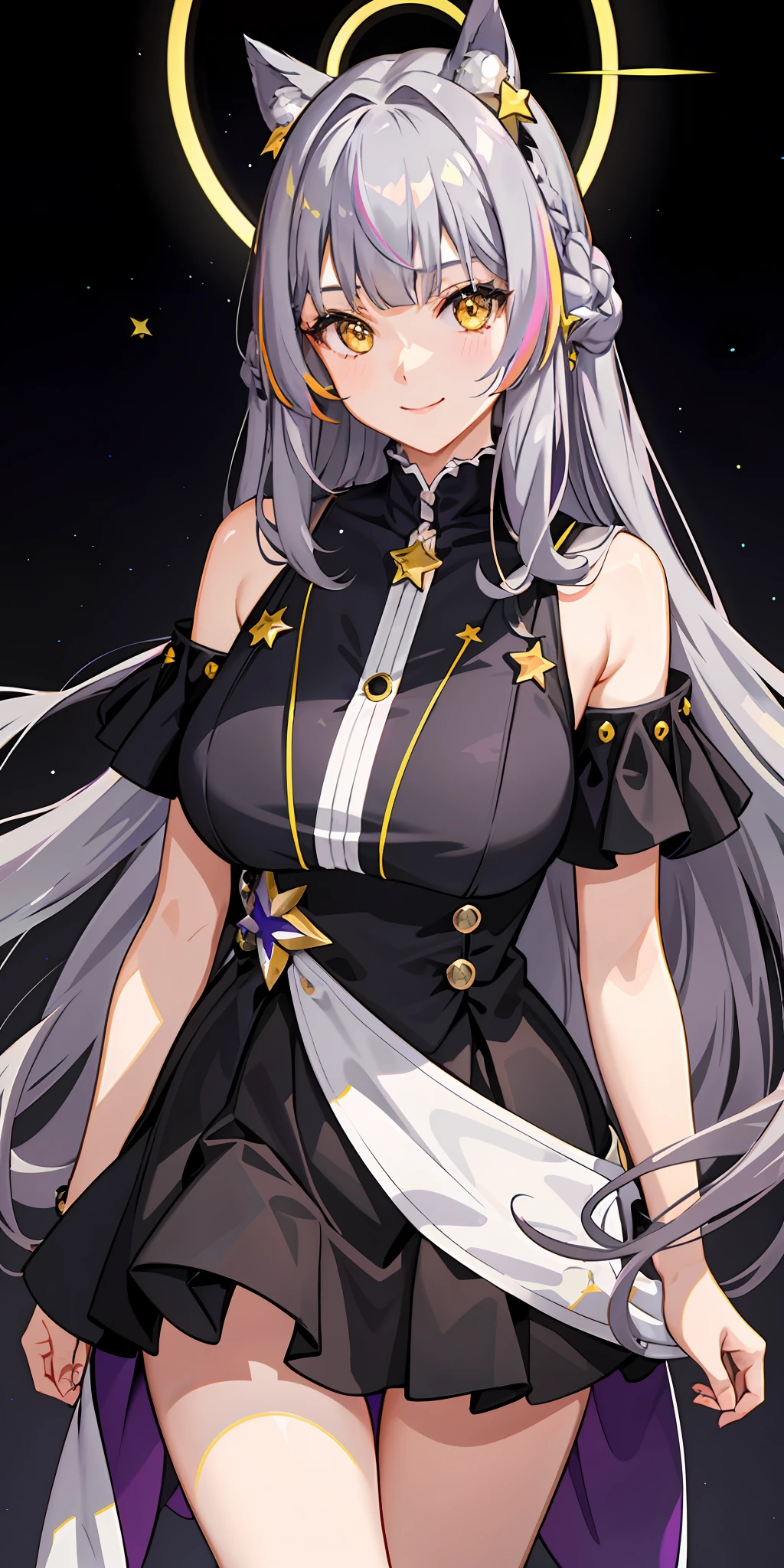 1girl, bright, purplish gray hair, snappy bangs, long hair, curled hair, yellow eyes, star motif, multicolored hair, saleme, head mask, side lights, light particles, wallpaper, big, plump, idol, swimsuit, loose fluffy, smile, gentle, clear, energetic