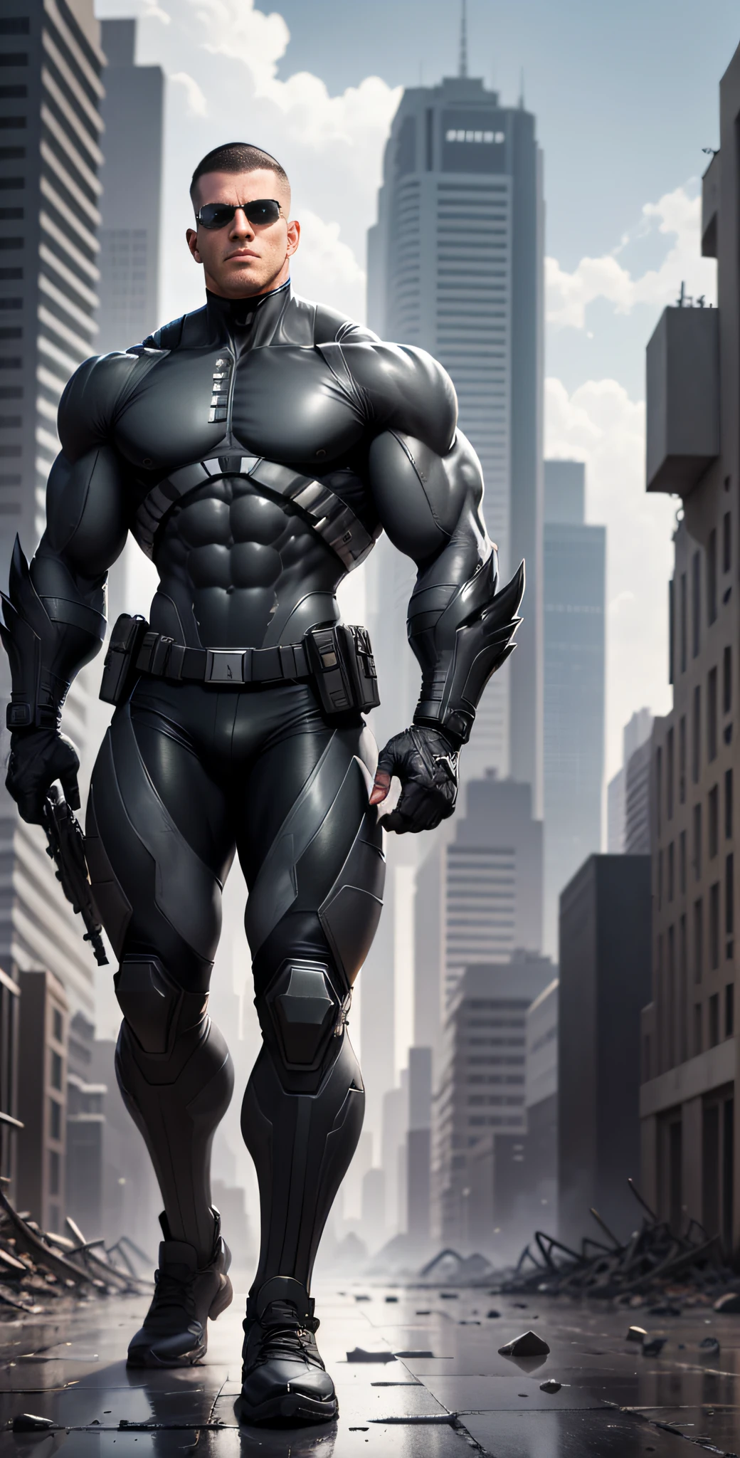 Arad man in gray, black and white clothes standing in desolate ruins, muscle male hero, Buzz cut, heroic male pose, tall and burly, muscular! Wearing black sunglasses, tall burly and strong, stealth suit, super buff and cool, high resolution committee, character design police, black military boots, attractive strong male