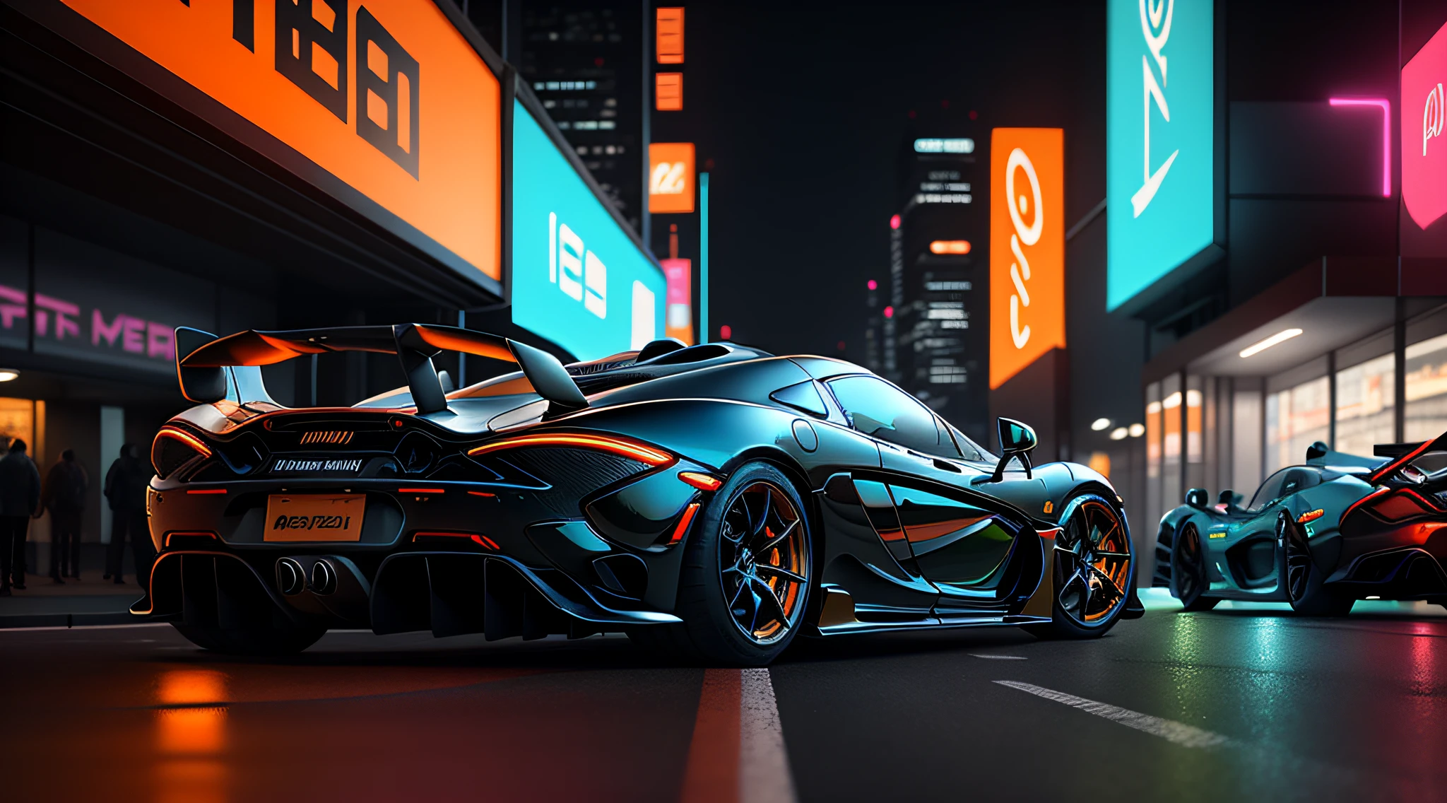 A sleek orange McLaren P1 sports car glides through the neon-lit streets of a cyberpunk-style metropolis.