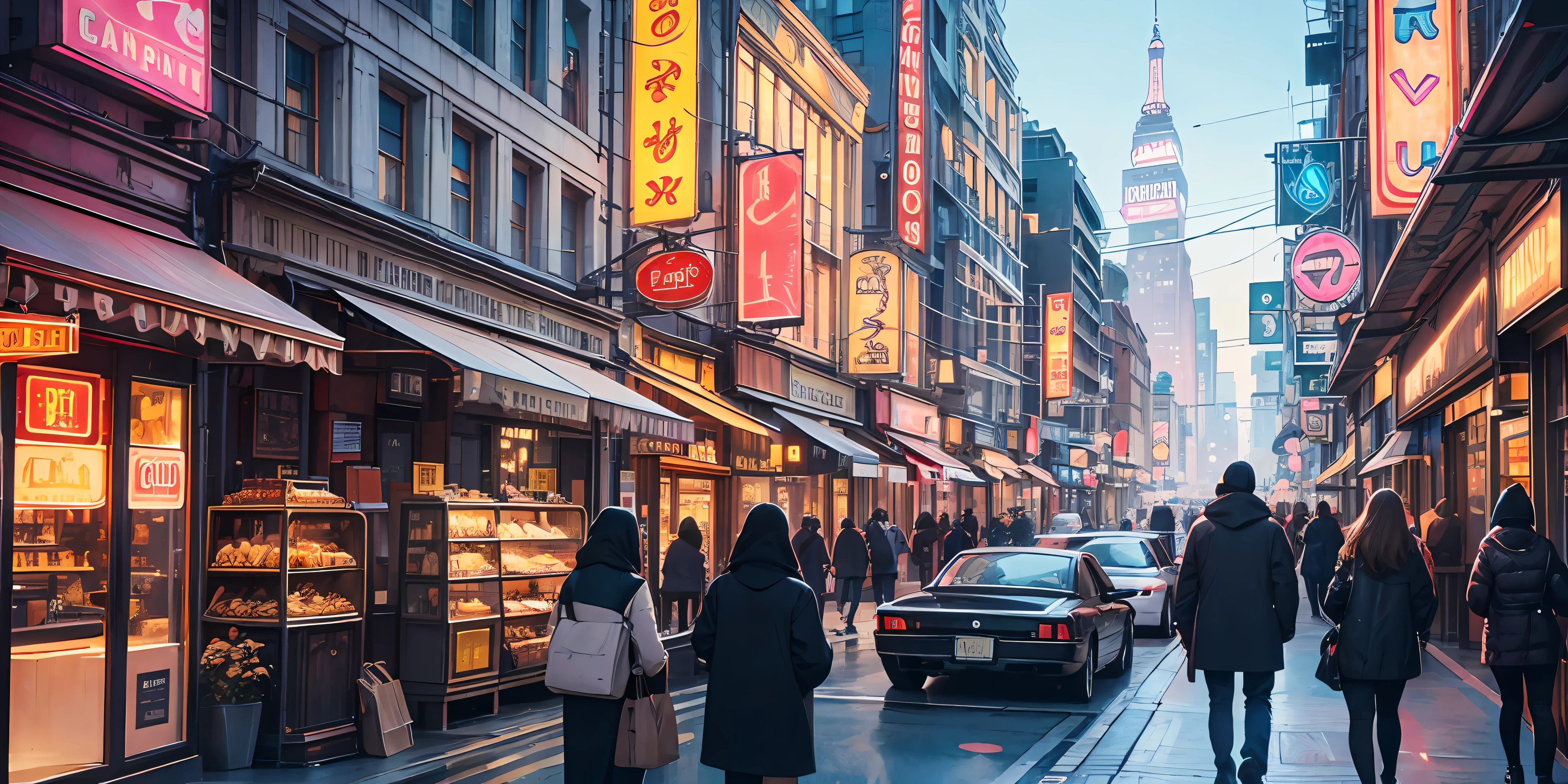 cityscape with old buildings and soft neon lights, highlighting a busy street with people walking, charming night scene of a city with old buildings and nostalgic architecture. The buildings have charming architectural details such as cornices and ornate windows. The colors of buildings can be in earthy tones, such as red or brown brick, or even in more neutral tones, such as gray or beige.

The streets are illuminated by soft neon lights, which create a warm and relaxing atmosphere. Neon lights can be of various colors, such as pink, blue, yellow or green, providing a soft and subtle glow to the surroundings.

The street is busy with people walking, some of them may be talking or holding shopping bags. They may be wearing stylish, modern clothing, complementing the urban environment.

In the background, you can add additional elements such as trees, lamp posts or even a vintage car parked on the sidewalk. These details help to create an authentic and captivating atmosphere.

Make sure the image conveys a sense of nostalgia and calm, combined with the energy of a bustling city. The color palette should be soft, highlighting the neon lights and architectural details of the buildings.

I hope this more detailed description helps you visualize the cityscape with old buildings and soft neon lights, highlighting a busy street with people walking.