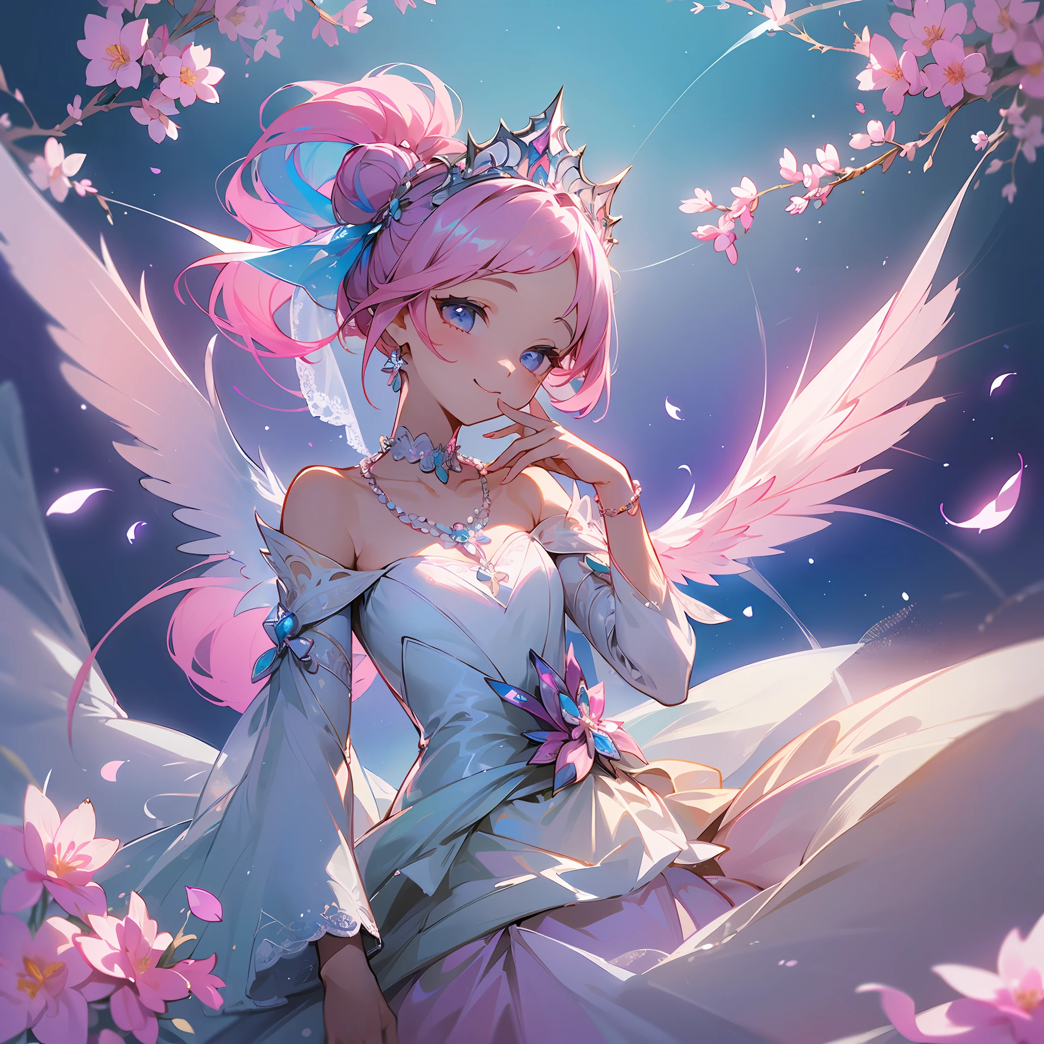 ((Masterpiece)), (((highest image quality)))), (Super detail)), ((Illustration)), Fine Detail, Super Detail CG Unified 8k, Hi-Res, {Beautiful Detail Eyes}, Fine Detail, Beautiful Detail Eyes, anine illustration, Masterpiece, Best Quality, Beautiful Face, Front Light, Look at the Viewer, (((1girl)), smile, Happy, blissful, Delicately decorated accessories necklace, front view, (((gradient, pink ponytail)), white off-shoulder with delicate lace and pearl decoration in the shape of flowers, wearing a long wedding dress with lace slit of the mermaid line, illuminating white shiny skin, posing for photos, Bright tone, bridal long veil, Glowing tiara, double buns, pink hair, masterpiece background, open space with many flowers, light and wings falling from the sky, blue sky --auto --s2