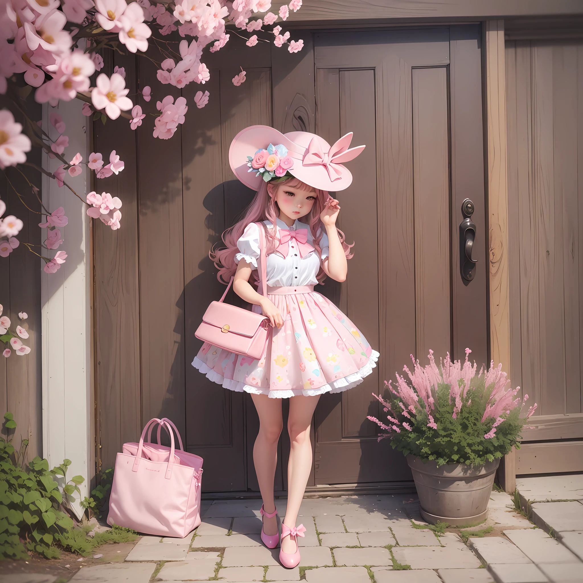 A little pink bunny with a floral hat, a pink skirt, a pink bag, and pink bow shoes --auto --s2