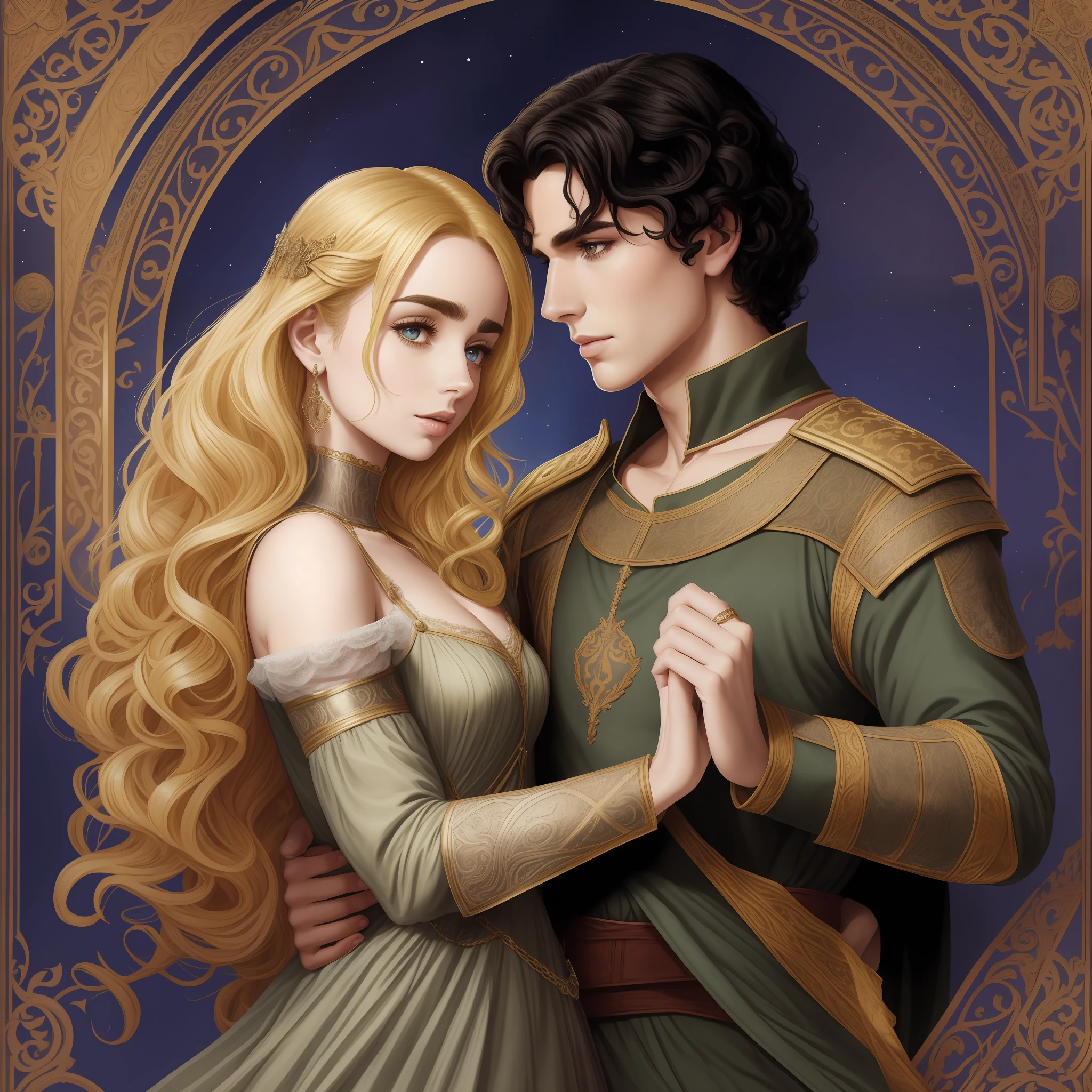 Lily Collins, who has curly black hair, wears a medieval dress. the Neels Visser wears a medieval military outfit and has blonde hair. The couple is waltzing in the ballroom. The illustration is like a book cover with a detailed, bright, illuminated, ultra detailed background, concept art, elegant, art by Greg Hildebrandt, Samyang