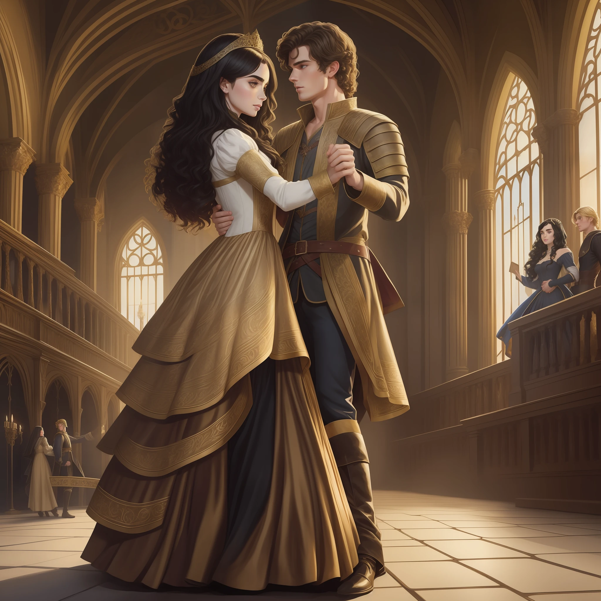 Lily Collins, who has curly black hair, wears a medieval dress. the Neels Visser wears a medieval military outfit and has blonde hair. The couple is waltzing in the ballroom. The illustration is like a book cover with a detailed, bright, illuminated, ultra detailed background, concept art, elegant, art by Greg Hildebrandt, Samyang