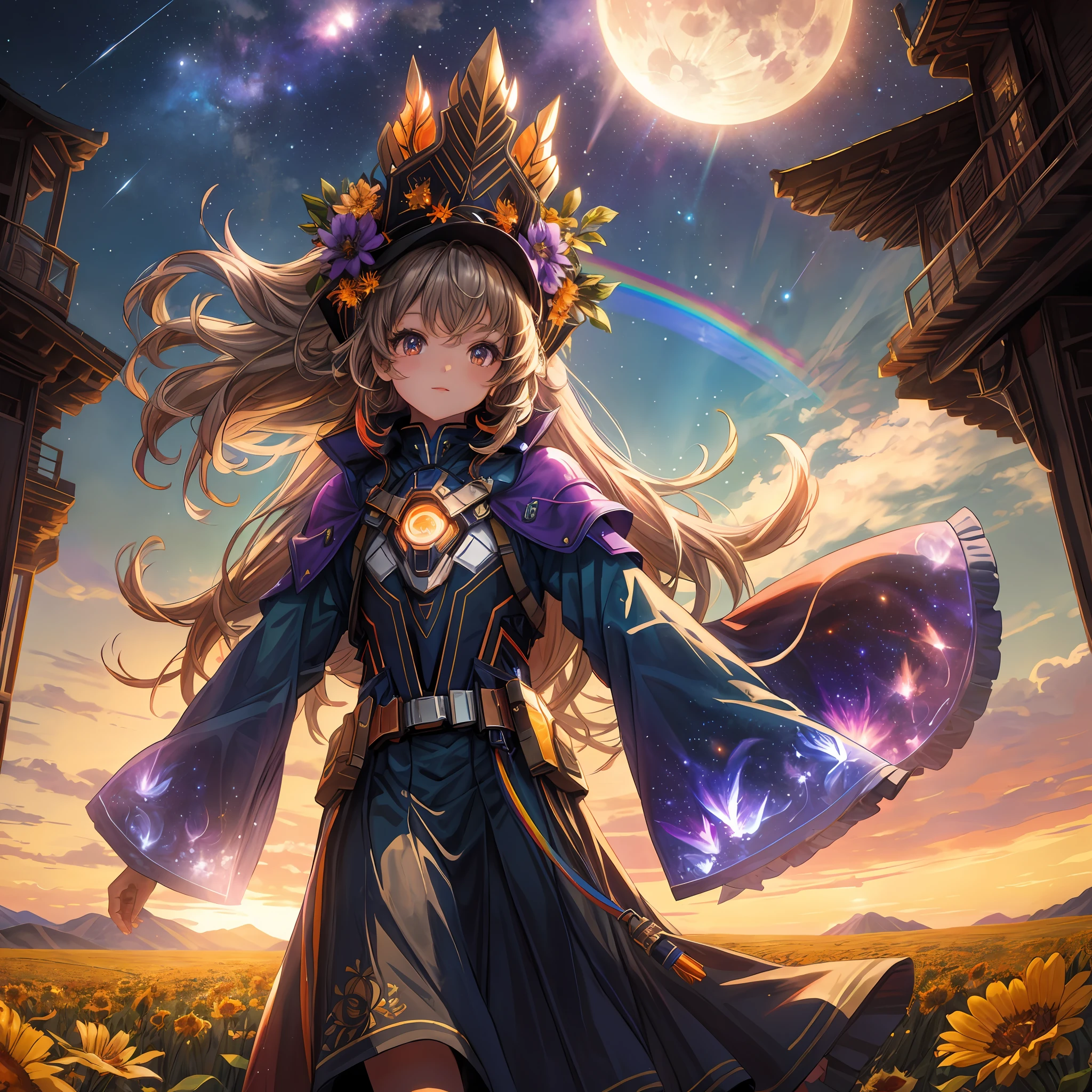 Wide landscape photo, (view from below, sky above, and open field below), girl standing on a flower field and looking up, (full moon: 1.2), (meteor: 0.9), (nebula: 1.3 ), distant mountains , Trees BREAK Crafting Art, (Warm light: 1.2), (Firefly: 1.2), Light, Lots of purple and orange, Complex details, Volumetric lighting BREAK (Masterpiece: 1.2), (Best quality), 4k, Ultra-detailed, (Dynamic composition: 1.4), Rich in detail and color (Rainbow Color: 1.2), (Glow, Atmospheric Lighting), Dreamy, Magical, (Solo: 1.2)