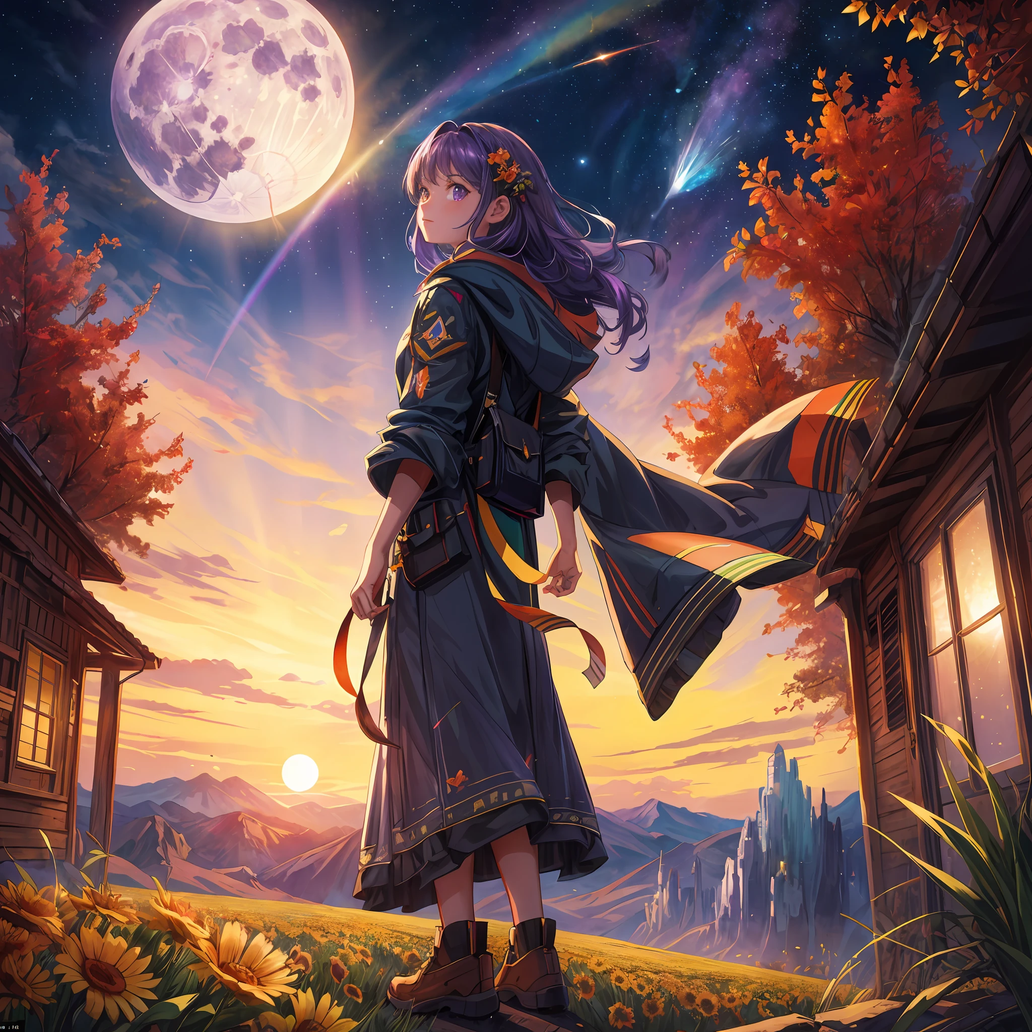 Wide landscape photo, (view from below, sky above, and open field below), girl standing on a flower field and looking up, (full moon: 1.2), (meteor: 0.9), (nebula: 1.3 ), distant mountains , Trees BREAK Crafting Art, (Warm light: 1.2), (Firefly: 1.2), Light, Lots of purple and orange, Complex details, Volumetric lighting BREAK (Masterpiece: 1.2), (Best quality), 4k, Ultra-detailed, (Dynamic composition: 1.4),  Rich in detail and color (Rainbow Color: 1.2), (Glow, Atmospheric Lighting), Dreamy, Magical, (Solo: 1.2)