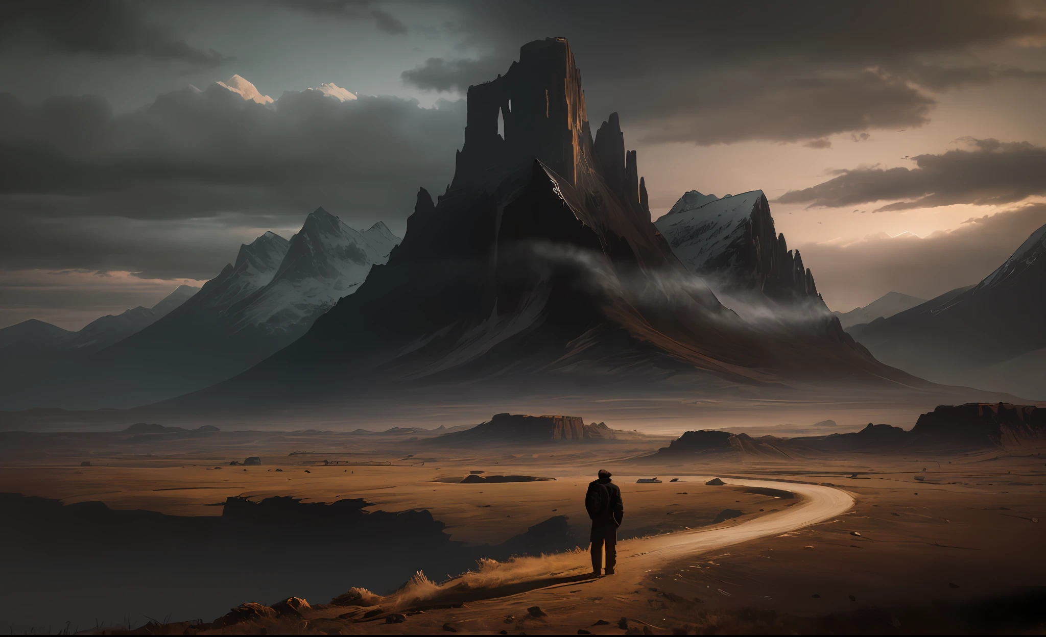 Photo of the most beautiful work of art in the world presenting a bearded in the distance of a dark, devastating landscape (vibrant, realistic photo, realistic, dramatic, dark, sharp focus, 8K), (global lighting, gloomy environment, volumetric light) highlight the landscape