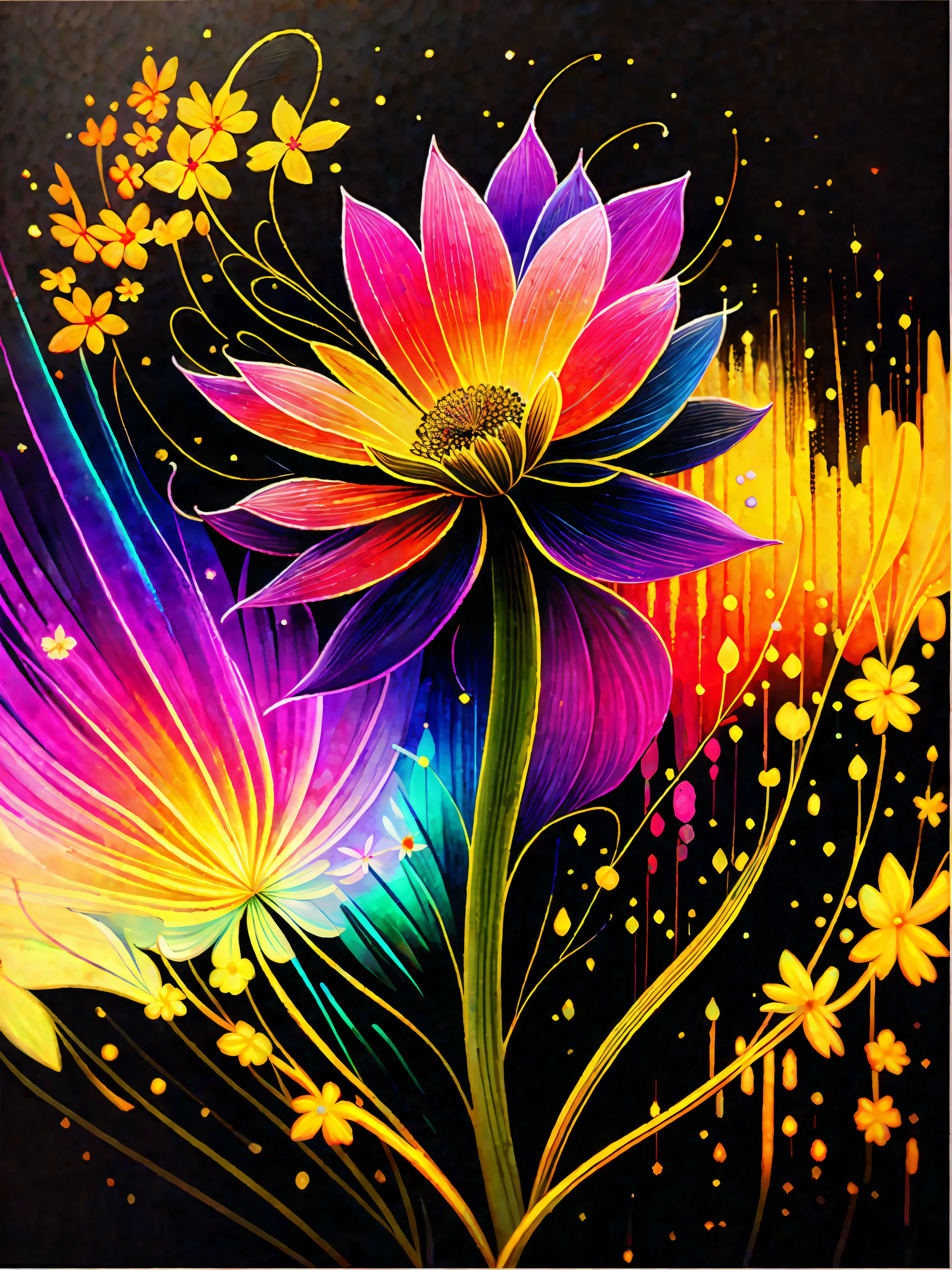 a painting of a colorful flower on a black background,, breathtaking rendering, within a radiant connection, inspired by Kinuko Y. Craft,, magical elements, flower icon, wow, is beautiful, casting a multi colorful spell, bright flash, flash