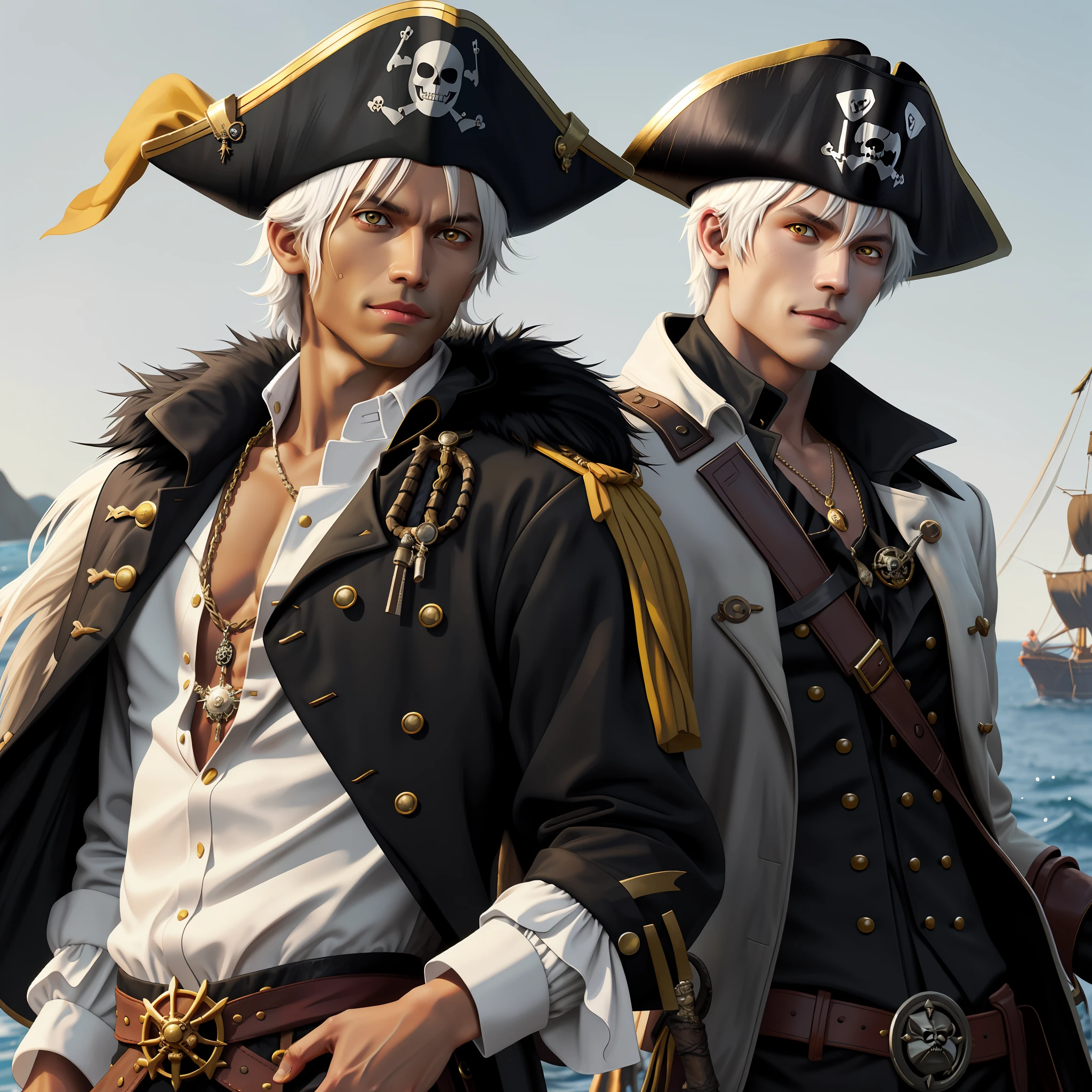 pirate man, tanned, no beard, short white hair, yellow eyes, black fur coat outfit, pirate hat, solo, stripped smile