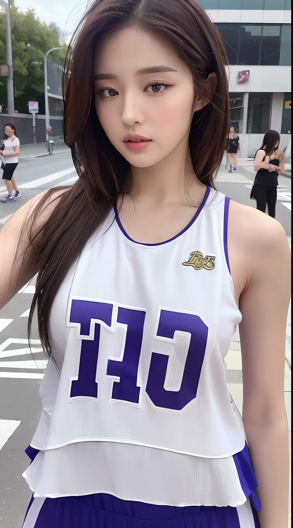 ((Best quality, 8k, Masterpiece :1.3)), Sharp focus:1.2, Perfect Body Beauty:1.4, Slim Abs:1.2, ((Layered hairstyle, Big breasts:1.2)), (Street:1.2), Highly detailed face and skin texture, Fine eyes, Double eyelids, Lakers basketball jersey, holding a basketball,