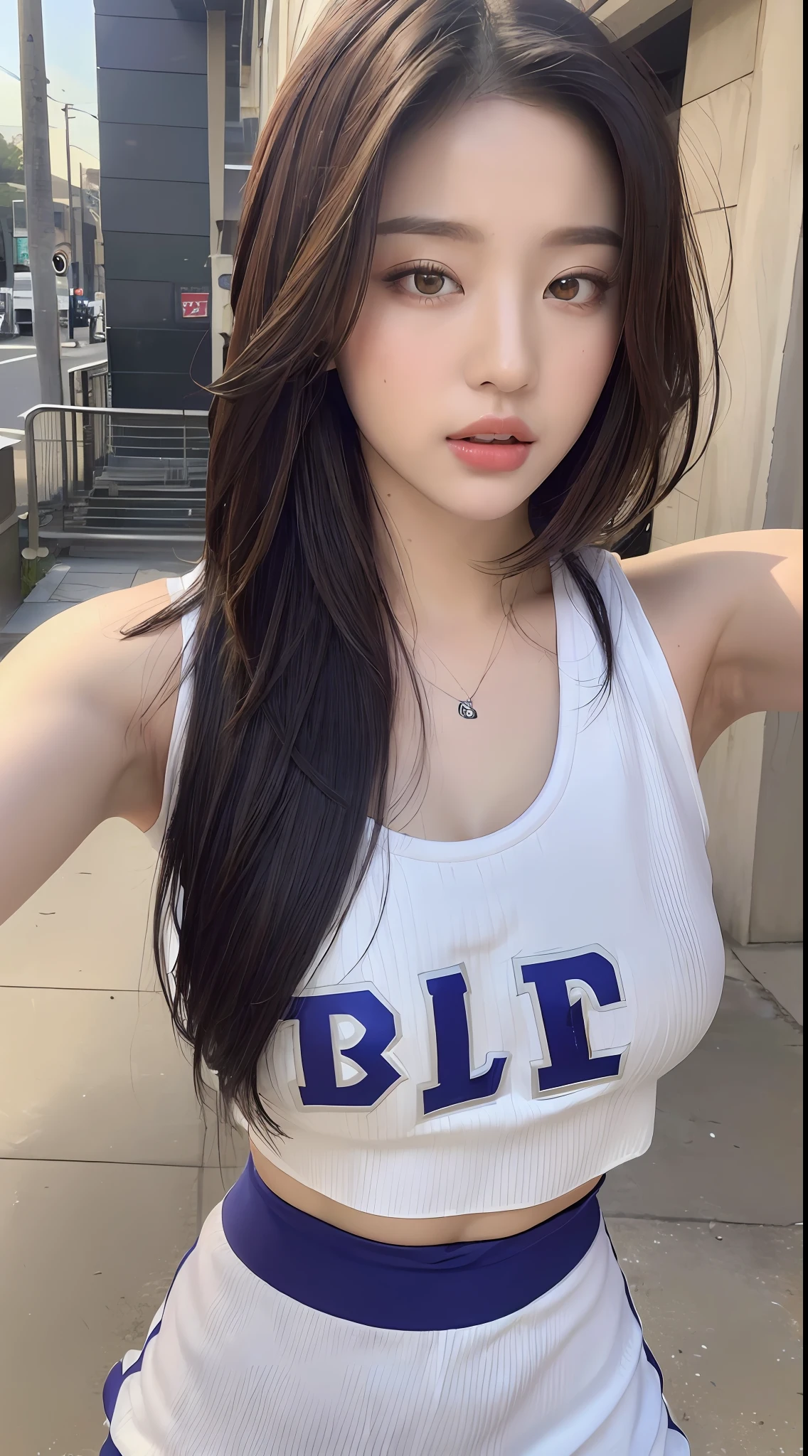 ((Best quality, 8k, Masterpiece :1.3)), Sharp focus:1.2, Perfect Body Beauty:1.4, Slim Abs:1.2, ((Layered hairstyle, Big breasts:1.2)), (Street:1.2), Highly detailed face and skin texture, Fine eyes, Double eyelids, Lakers basketball jersey, holding a basketball,