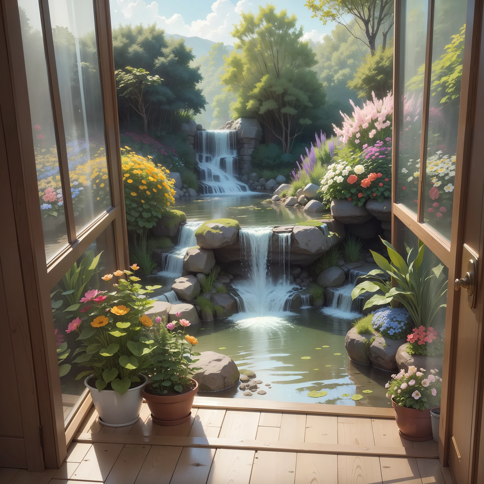 A small waterfall in the middle of the house, many flowers, many colors,(masterpiece), (Best quality), colored glass, fish