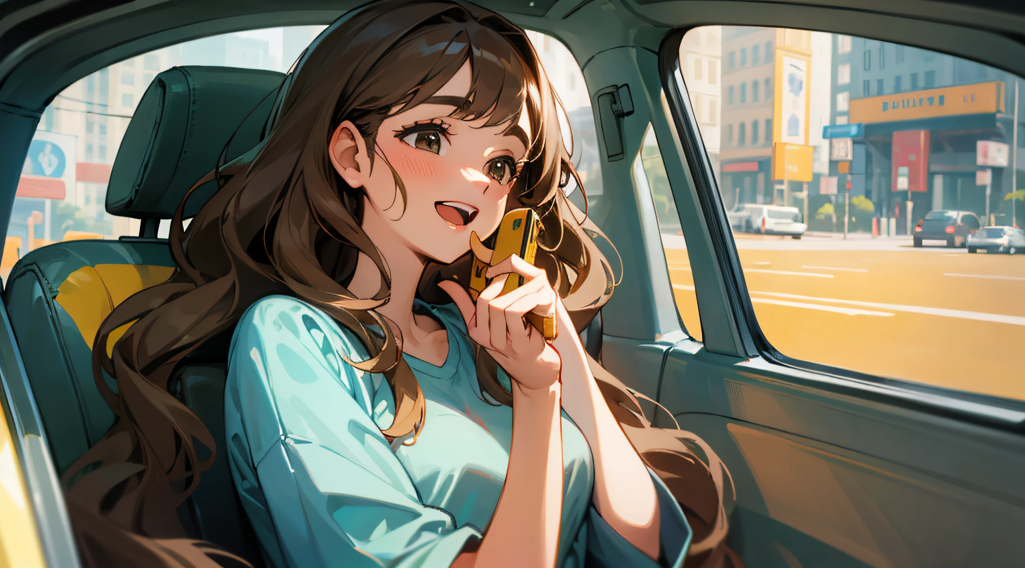 Masterpiece, of the best quality, a wavy woman with long hair answering the phone in the car with an excited expression, in a taxi, brown hair, Artie Guéran style