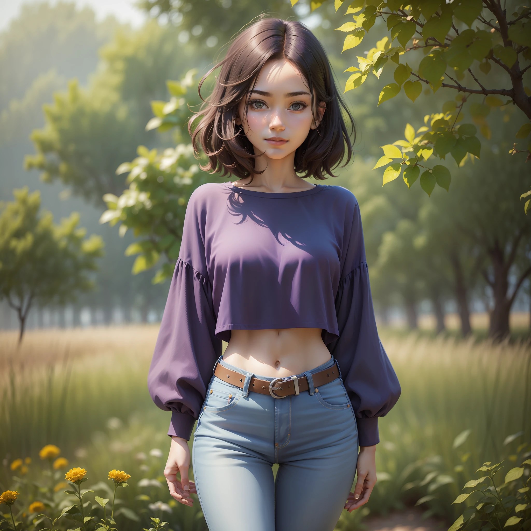 A beautiful 20 years old girl in a purple shirt and blue jeans posing in a field, photo of slim girl model, skinny waist and thick hips, photo of slim girl, good young girl, young and cute girl, casual pose, light smile, Realism, Suprematism, Impressionism, Pixar, drop shadow, silhouette, Eye-Level Shot, Ultra-Wide Angle, Sony FE GM, Sony FE, Hasselblad, UHD, masterpiece, super detail, high details, high quality, award winning, best quality
