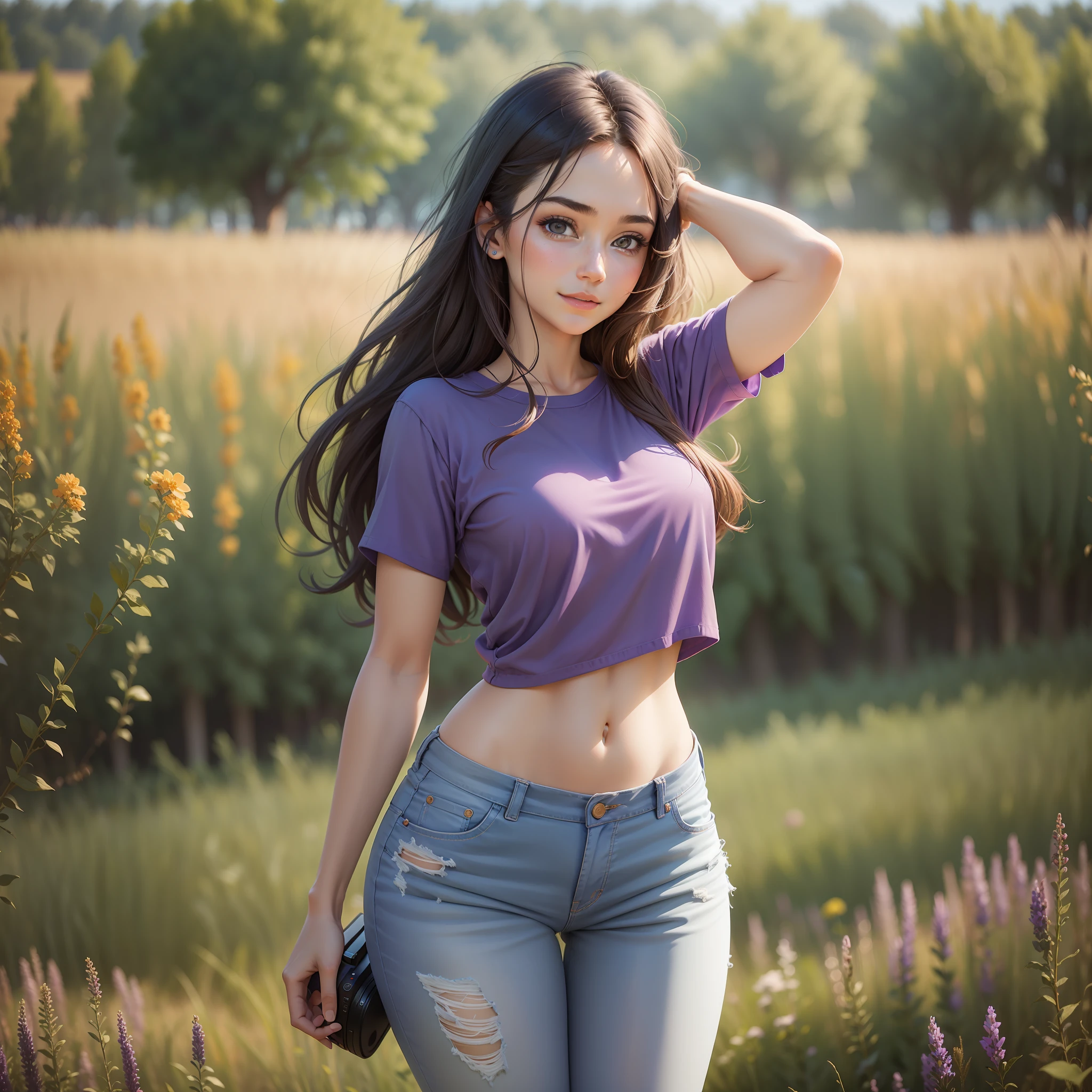 A beautiful 20 years old girl in a purple shirt and blue jeans posing in a field, photo of slim girl model, skinny waist and thick hips, photo of slim girl, good young girl, young and cute girl, casual pose, light smile, Realism, Suprematism, Impressionism, Pixar, drop shadow, silhouette, Eye-Level Shot, Ultra-Wide Angle, Sony FE GM, Sony FE, Hasselblad, UHD, masterpiece, super detail, high details, high quality, award winning, best quality