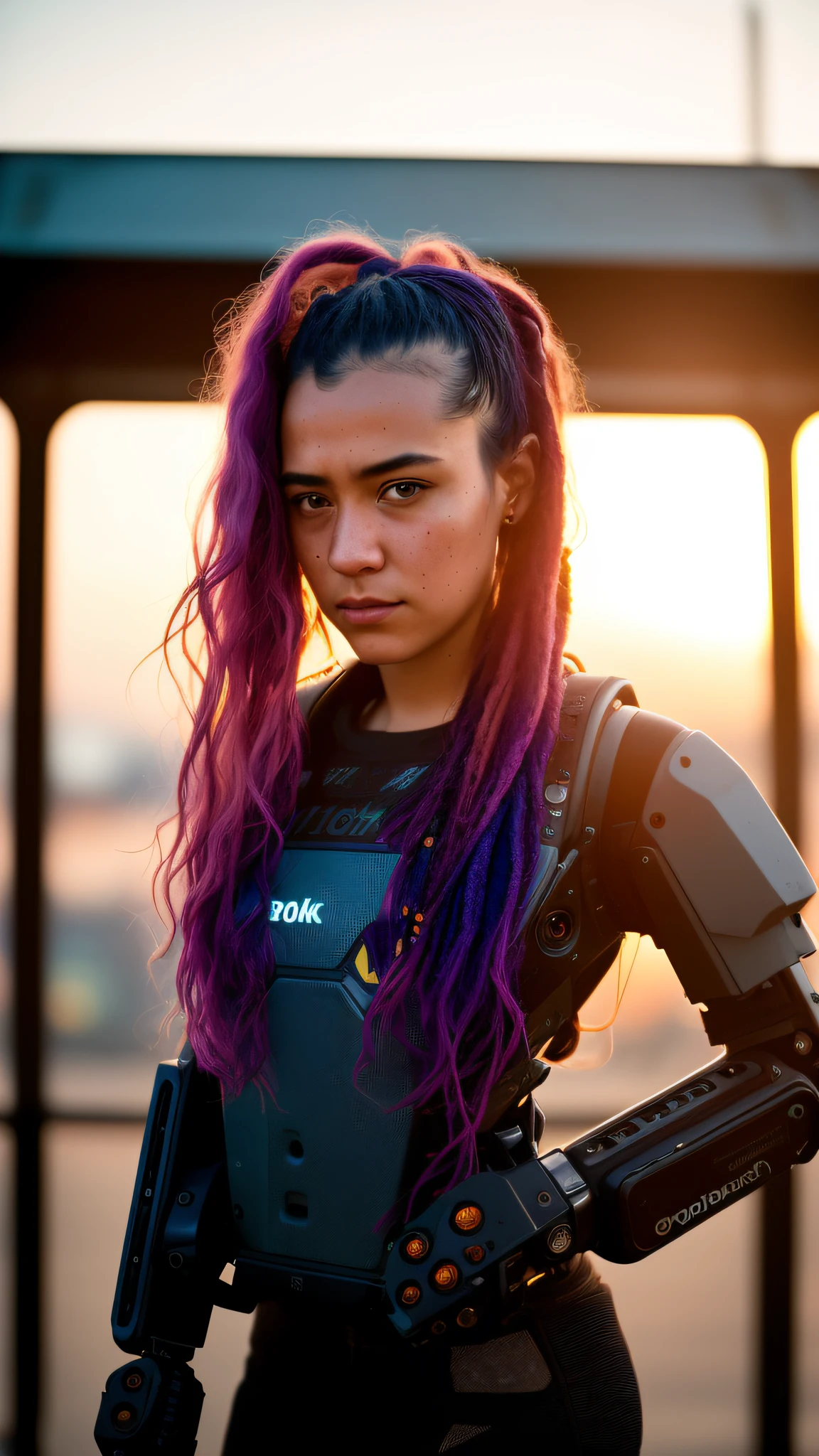 (close-up editorial photo of 20 yo woman, looking at the viewer, armored robot hydraulic biomechanical exoskeleton, sunset, sweaty, post-apocalyptic, dreadlock hair, cyberpunk, hyper detailed) (standing:1.2) (darkly lit room: 1.4) POV, by lee jeffries, nikon d850, film bank photographs, 4 kodak portra 400, camera f1.6 lens, rich colors, hyper realistic, realistic texture, dramatic lighting, cinestill 800,
