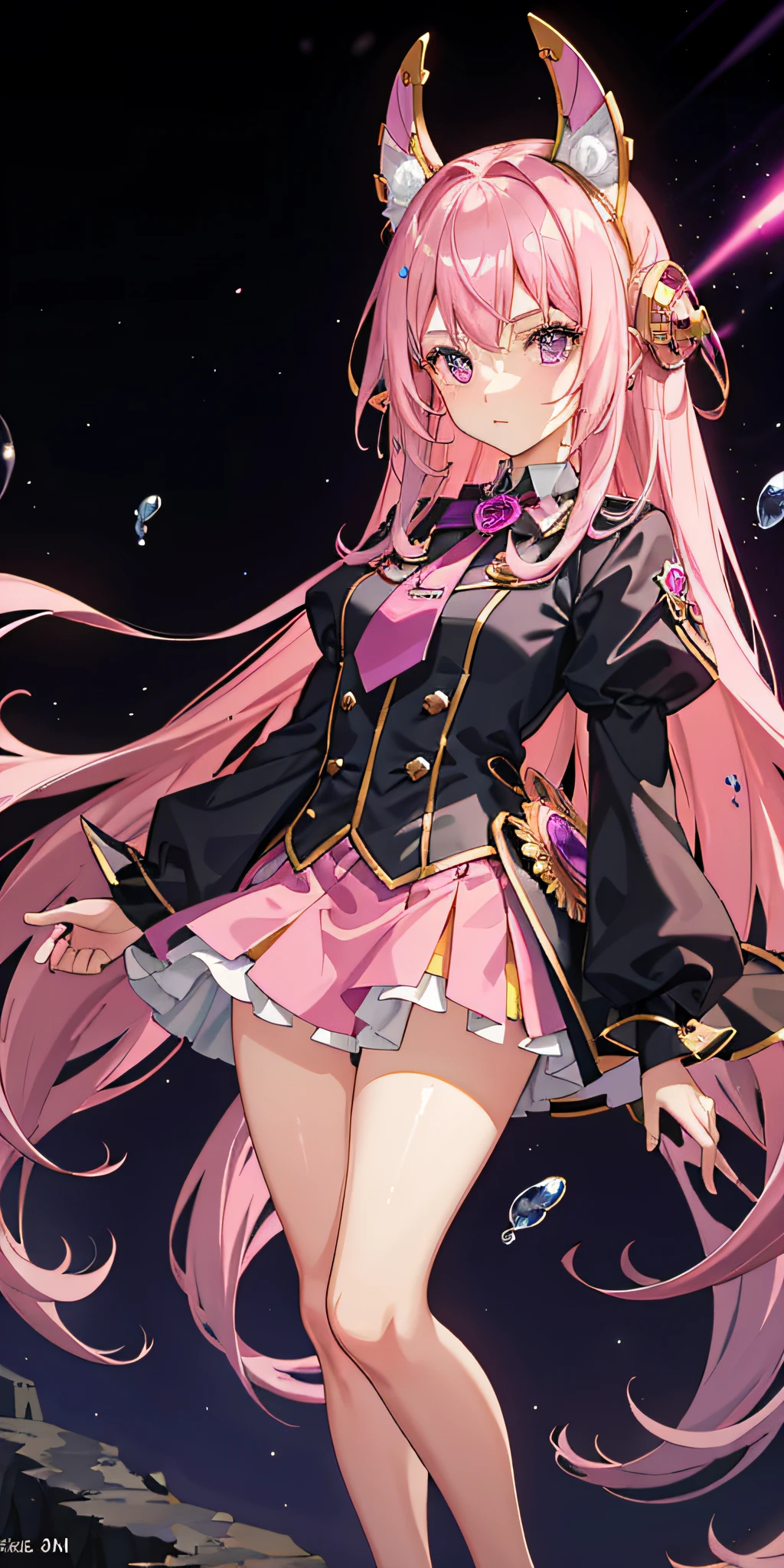 1girl, pink hair, long hair, purple eyes, mask on head, side light, light particles, wallpaper, short skirt, sexy, pink stockings, long legs, royal sister, seduce, under the sea, wet, exposed