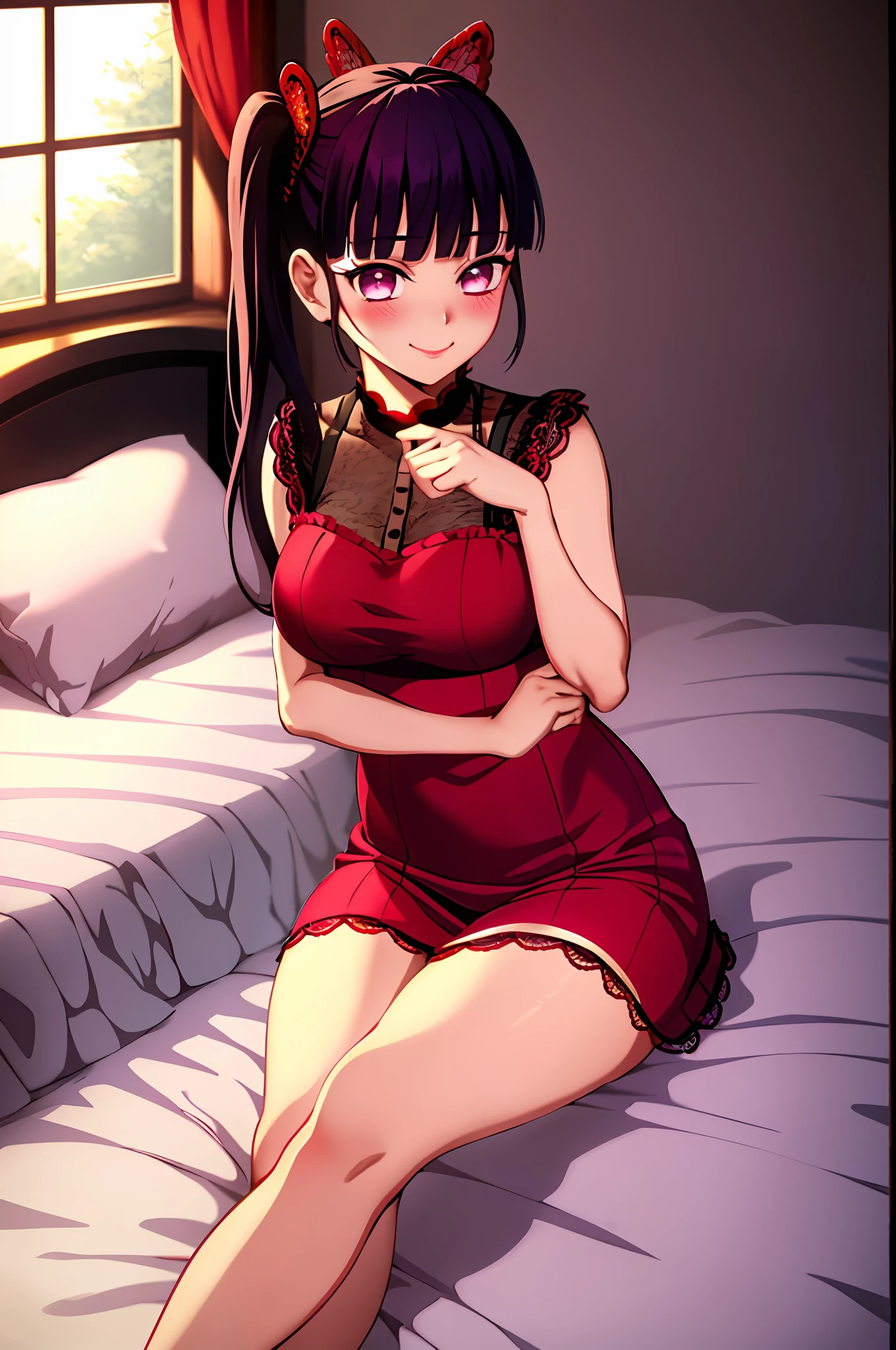 kimetsu no yaiba style, 1girl, hair ornament, red lace lingerie, solo, purple eyes, side ponytail, smile, bangs, ((masterpiece)), face at viewer, look at viewer, bed, bedroom, window, pillow, (stocking), blush, shy, y pose, long night dress, long skirt, red pant, butly hair ornament,