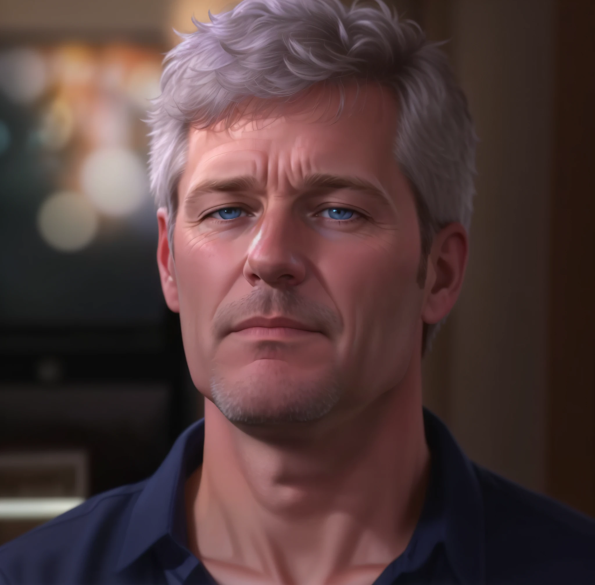 (A close-up photograph of a 50-year-old white man wearing a blue shirt and watching television)