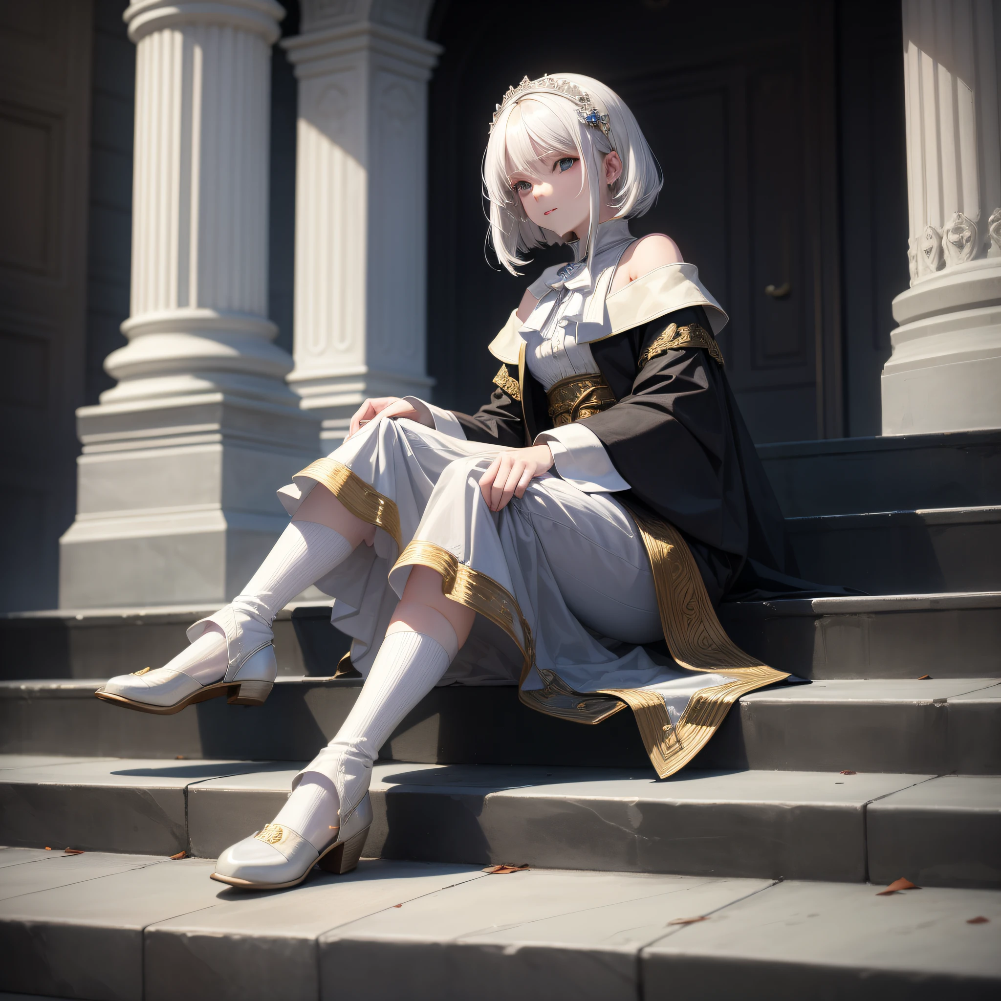 White-haired girl sitting on palace steps (best quality: 1.2), (detail: 1.2), (masterpiece: 1.2),