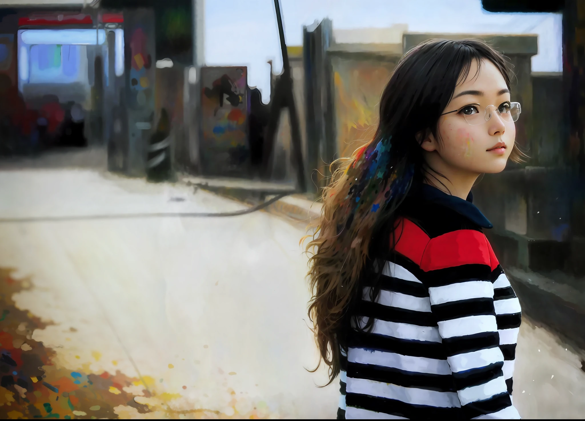 Face close-up: abstract background: 0.5], extremely detailed face and eyes, explosive pose, expressionism, digital art, colored background, absurdist, very detailed, (brush strokes: 1.1), (acrylic paint: 1.1), stippillism, pastel colors, satoshi kon, alphonse mucha, raphael