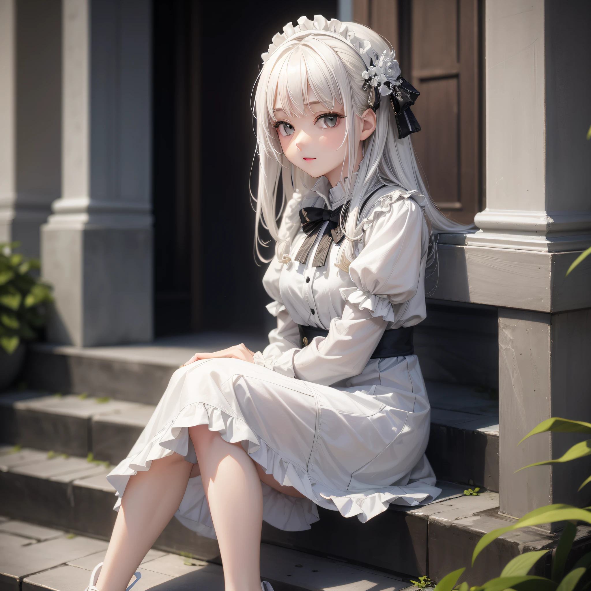 White-haired girl sitting on palace steps (best quality: 1.2), (detail: 1.2), (masterpiece: 1.2),