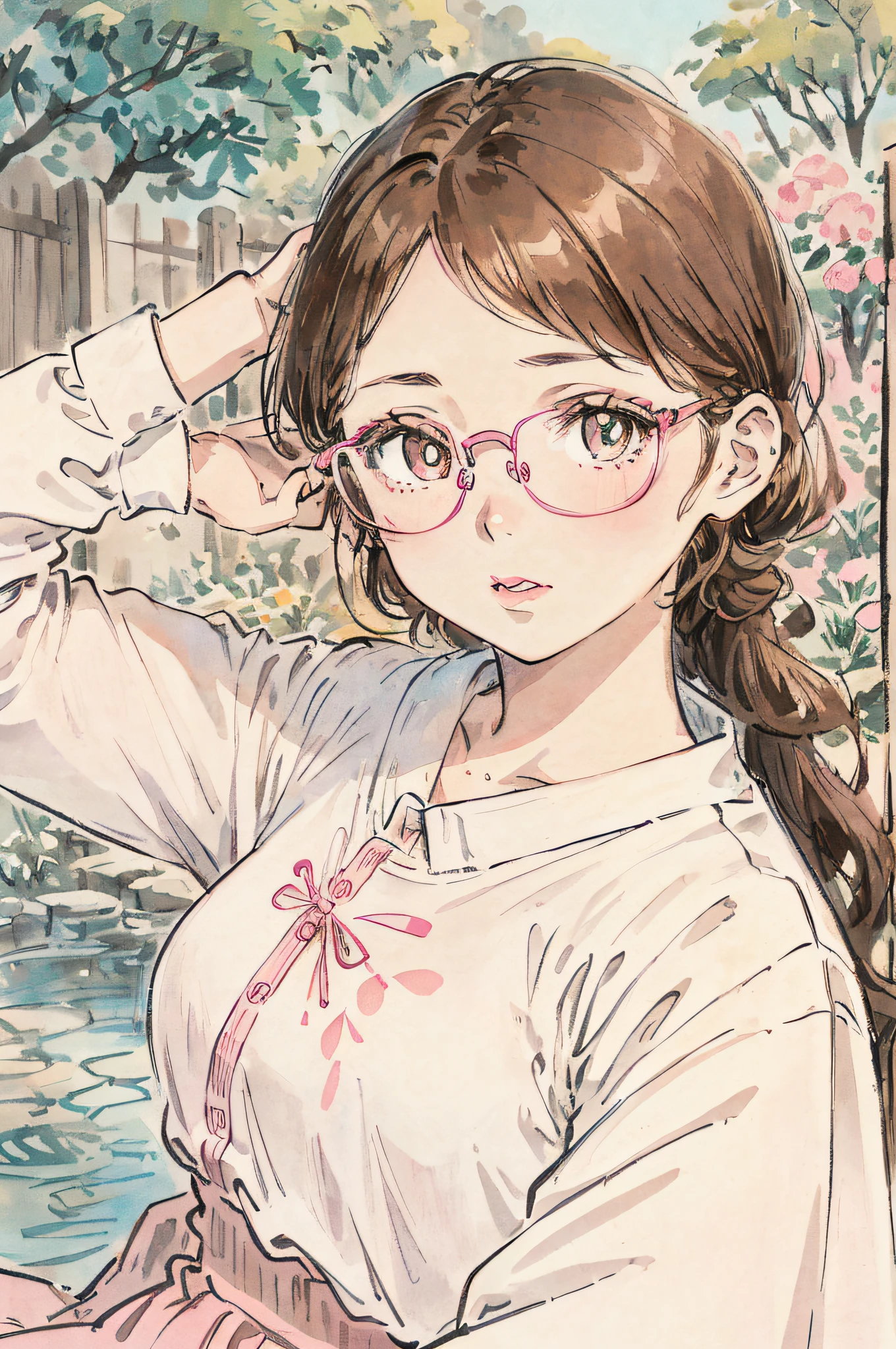 a cute girl,pink lips,wearing a bright white shirt,in the style of soft color palette aurorapunk,an anime illustration of her face,animated gifs,hand-drawn animation,charming, brown hair, wearing glasses, hazel eyes, garden setting,
