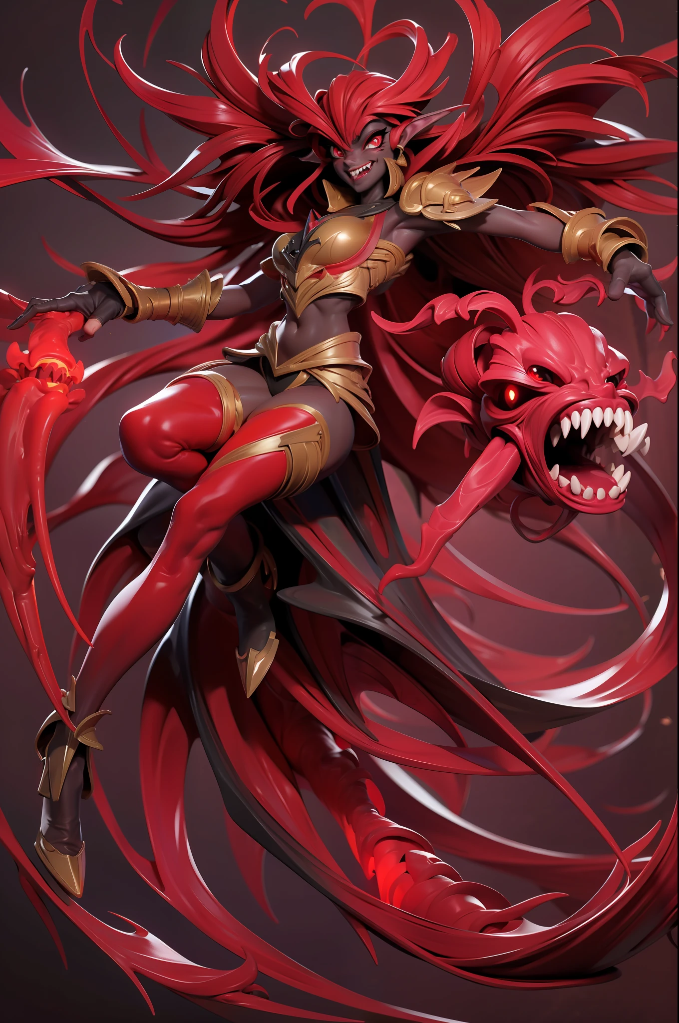 full body picture Unreal Engine 5 8K UHD of demon female, dark red skin, have 4 eyes with gold glowing, have demon wings, demonic smile, vampire teeth, have wisps flying around, dark environment, devouring soul of a knight, best quality, masterpiece