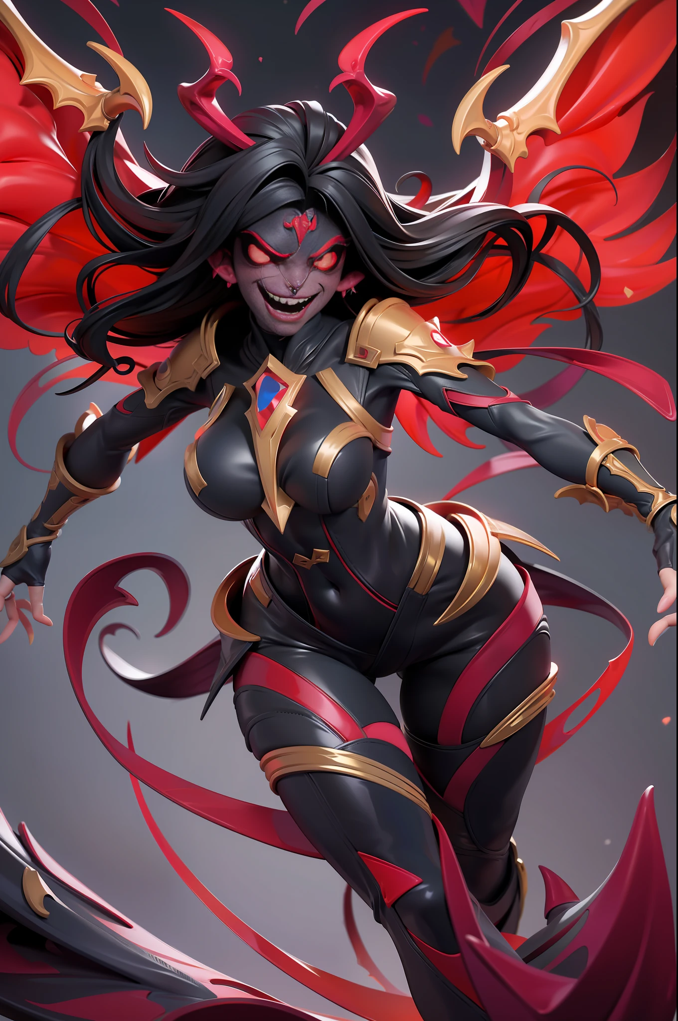 full body picture Unreal Engine 5 8K UHD of demon female, dark red skin, have 4 eyes with gold glowing, have demon wings, demonic smile, vampire teeth, have wisps flying around, dark environment, devouring soul of a knight, best quality, masterpiece
