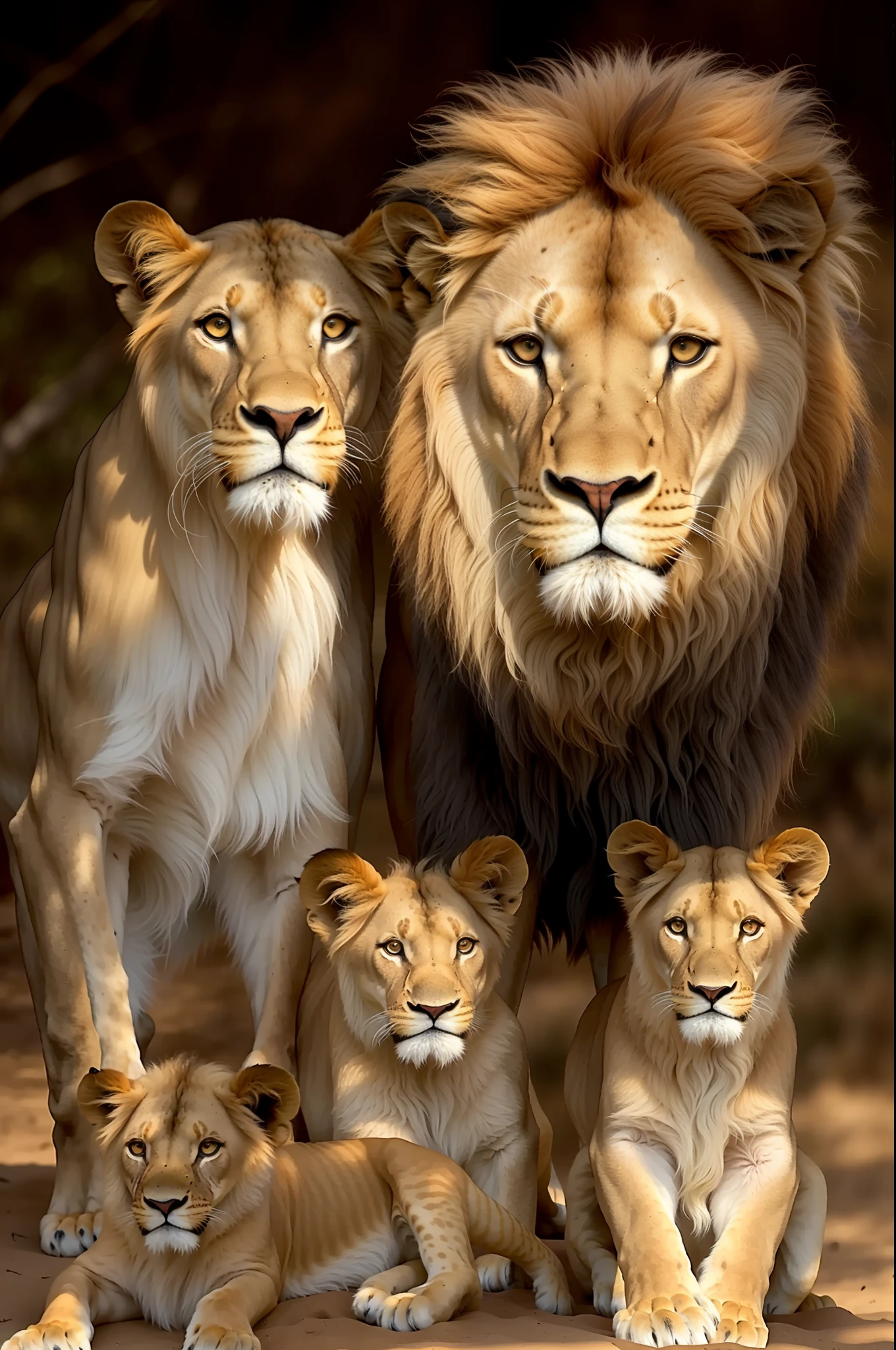 there are a lot of lions that are standing together, lions, family portrait, lion, proud look, mane, simba, wildlife animals, family photo, lioness, trend,, majesty, cub, lion icon, strong and fierce, black background, dark background, photo of a beautiful, by Linda Sutton, proud look, by Robert Childress, by László Balogh