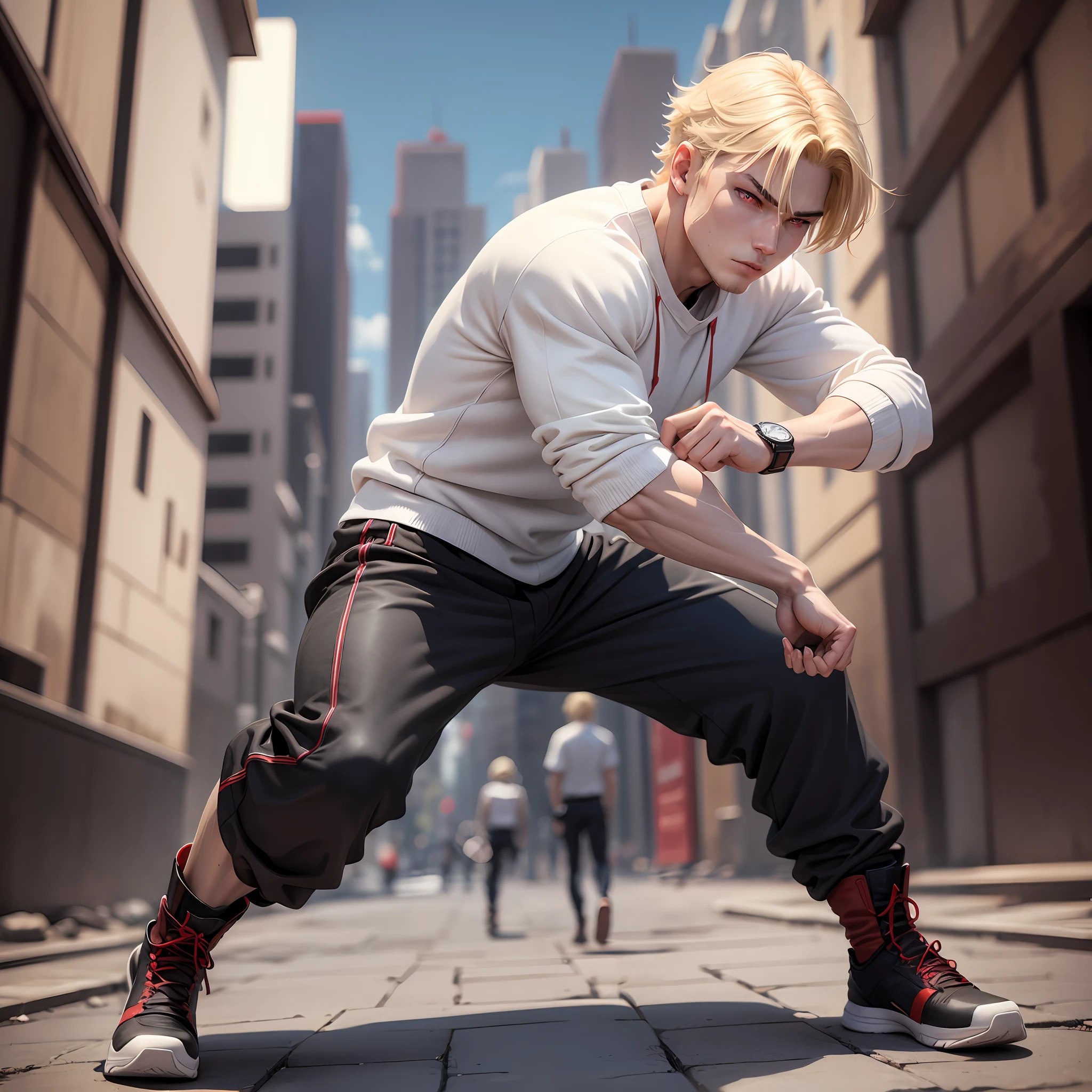 Fighting man with blonde hair (red eyes) white sweatshirt with black full-body pants and boots