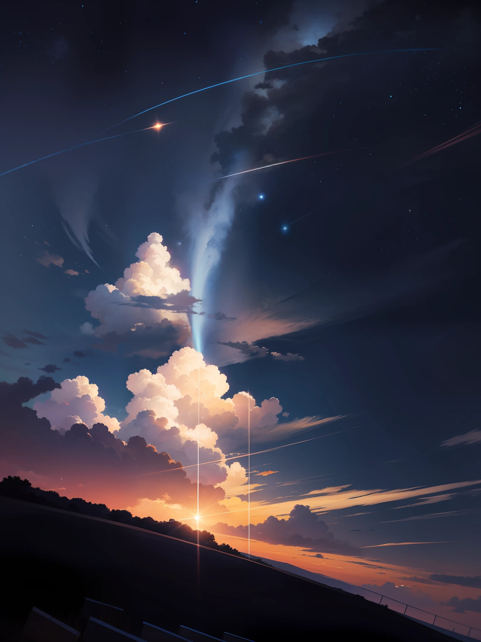 kimi no nawa style, clear skies with clouds, stars, orange and blue sky