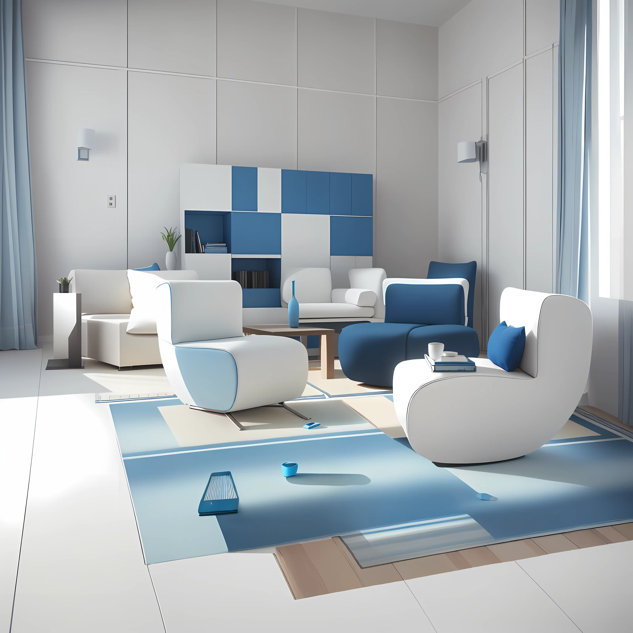 There is a room with blue and white sofas, chairs, solid color backgrounds distinguished from subjects such as chair sofas, high-quality 3D rendering, high-quality 3D rendering, rendering in 3 DSMAX, vray rendering
