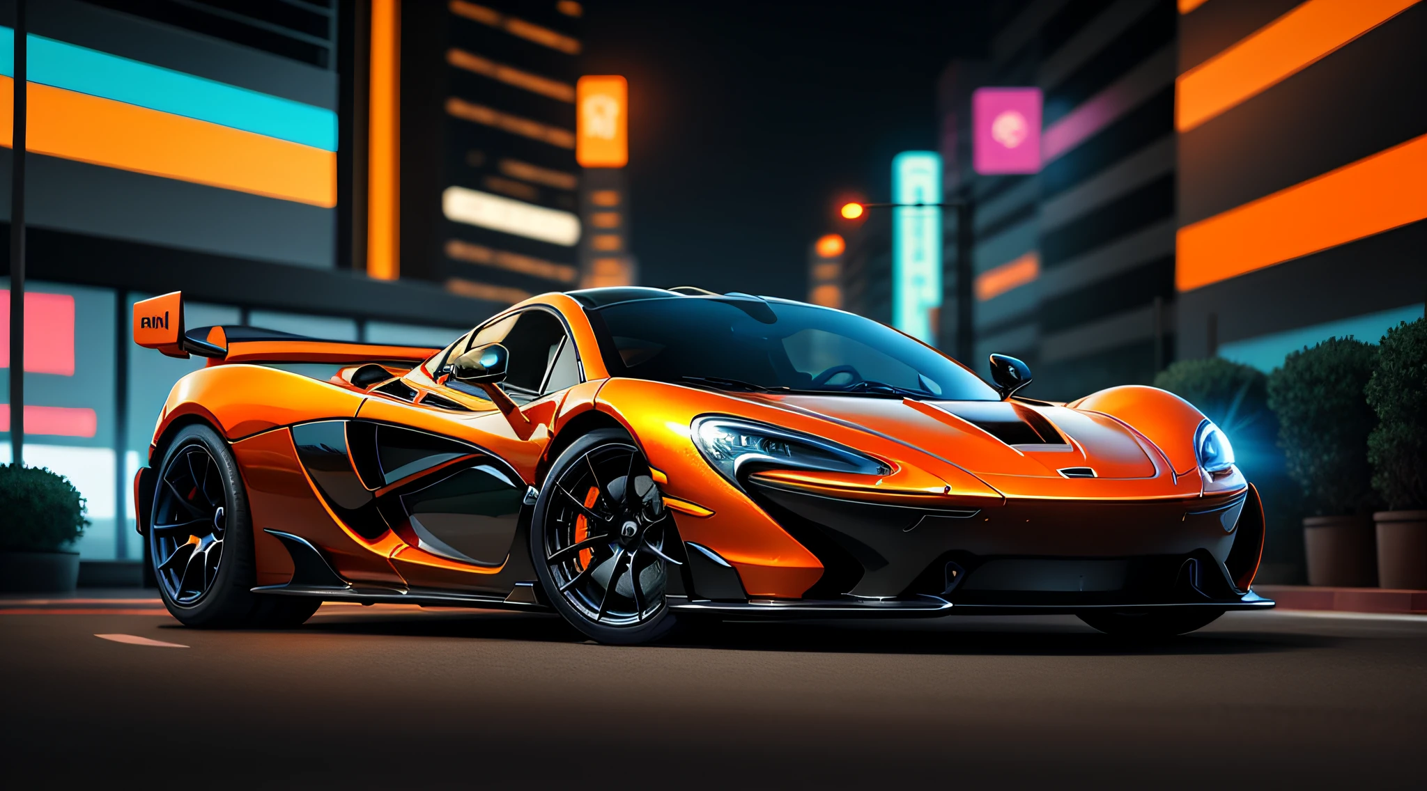A sleek orange McLaren P1 sports car glides through the neon-lit streets of a cyberpunk-style metropolis.