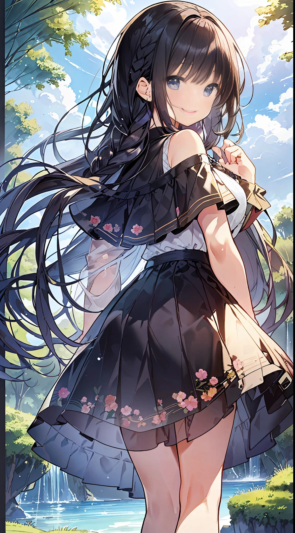 Top Quality, Masterpiece, Ultra High Definition, 8K, Summer Sky, Early Summer, (((Summer Outfit)), Shojo Manga Style , One, Soft Line Art, Digital Enhancement, Shojo Manga Touch, Shojo Manga Core, Flowing Fabric, Close Up, (Hair length to shoulders and short braid)), wet hair, staring at us from the front, soft drawing, beautiful black hair, clear eyes, (((teasing smile)) , Ultra-detailed digital anime art, clear face depiction, ultra-detailed shoujo manga character art, ultra-detailed manga style, top quality colors, hand gestures, landscape with nature, looking up at the sky, angle that can be seen up to the feet