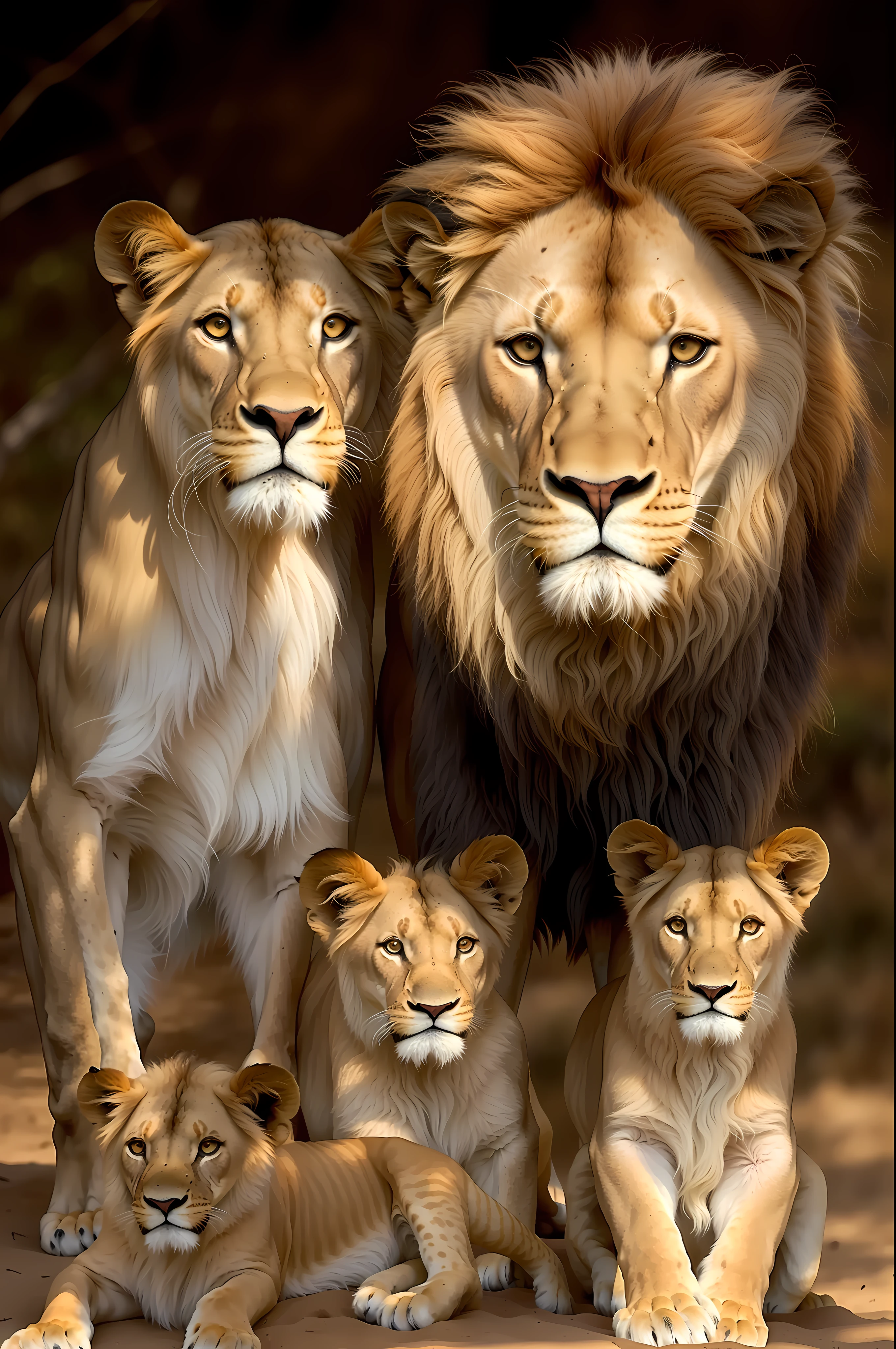there are a lot of lions that are standing together, lions, family portrait, lion, proud look, mane, simba, wildlife animals, family photo, lioness, trend,, majesty, cub, lion icon, strong and fierce, black background, dark background, photo of a beautiful, by Linda Sutton, proud look, by Robert Childress, by László Balogh