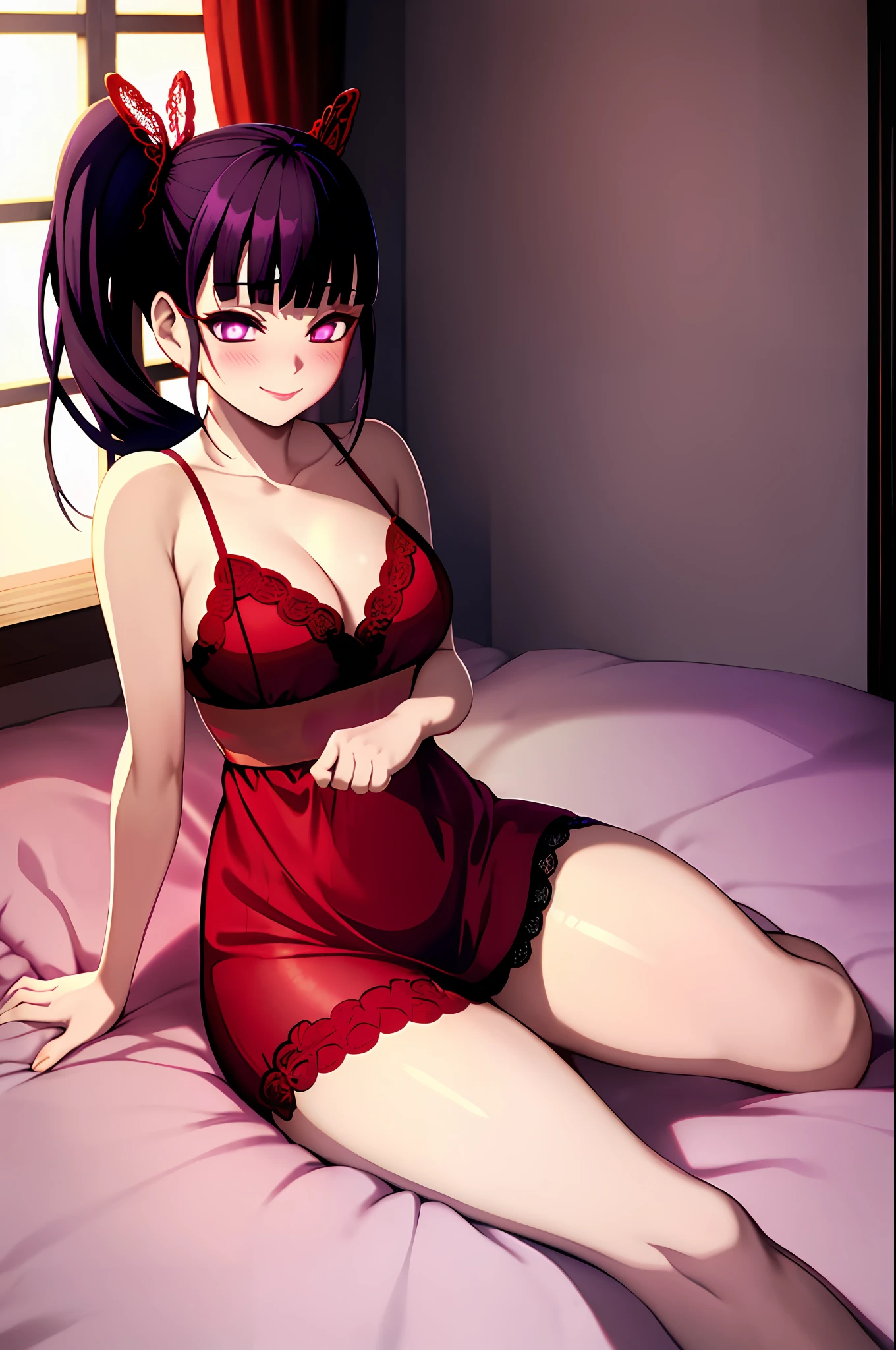 kimetsu no yaiba style, 1girl, hair ornament, red lace lingerie, solo, purple eyes, side ponytail, smile, bangs,  ((masterpiece)), face at viewer, look at viewer, bed, bedroom, window, pillow, (stocking), blush, shy, ???? pose, long night dress, long skirt, red pant, butterfly hair ornament,