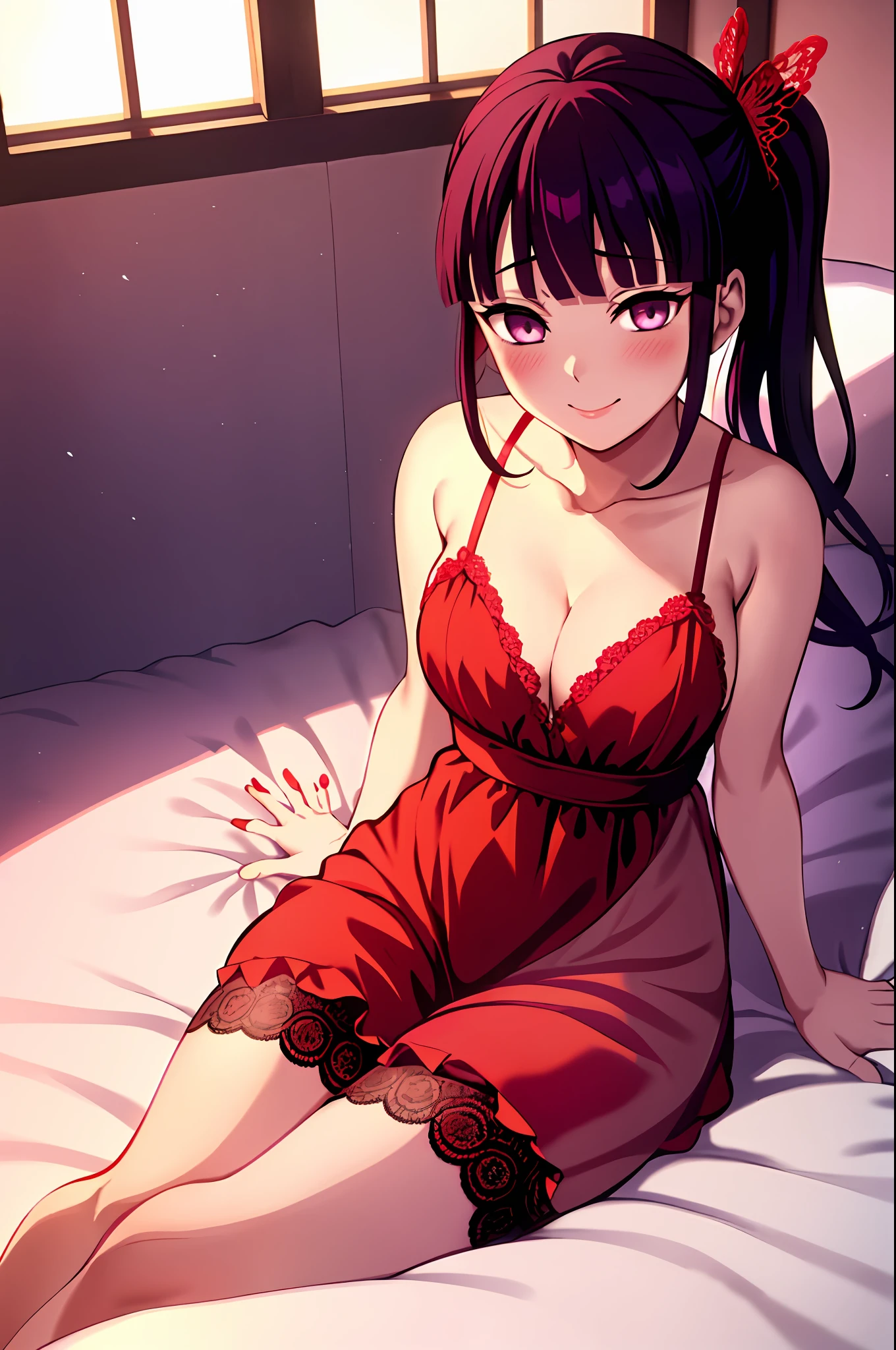 kimetsu no yaiba style, 1girl, hair ornament, red lace lingerie, solo, purple eyes, side ponytail, smile, bangs,  ((masterpiece)), face at viewer, look at viewer, bed, bedroom, window, pillow, (stocking), blush, shy, sexy pose, long night dress, long skirt, red pant, butterfly hair ornament,