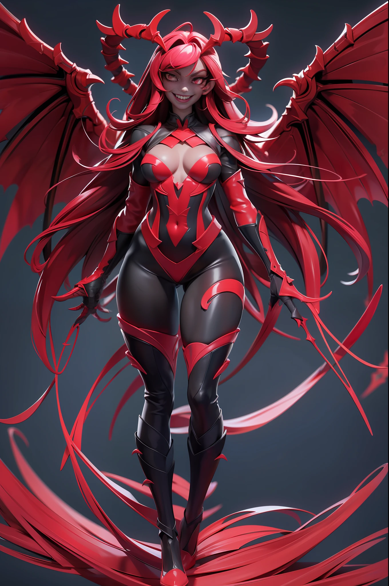 full body picture Unreal Engine 5 8K UHD of demon female, dark red skin, have 4 eyes with gold glowing, have demon wings, evil but seductive smile, vampire teeth, have wisps flying around, dark environment, devouring soul of a knight, best quality, masterpiece