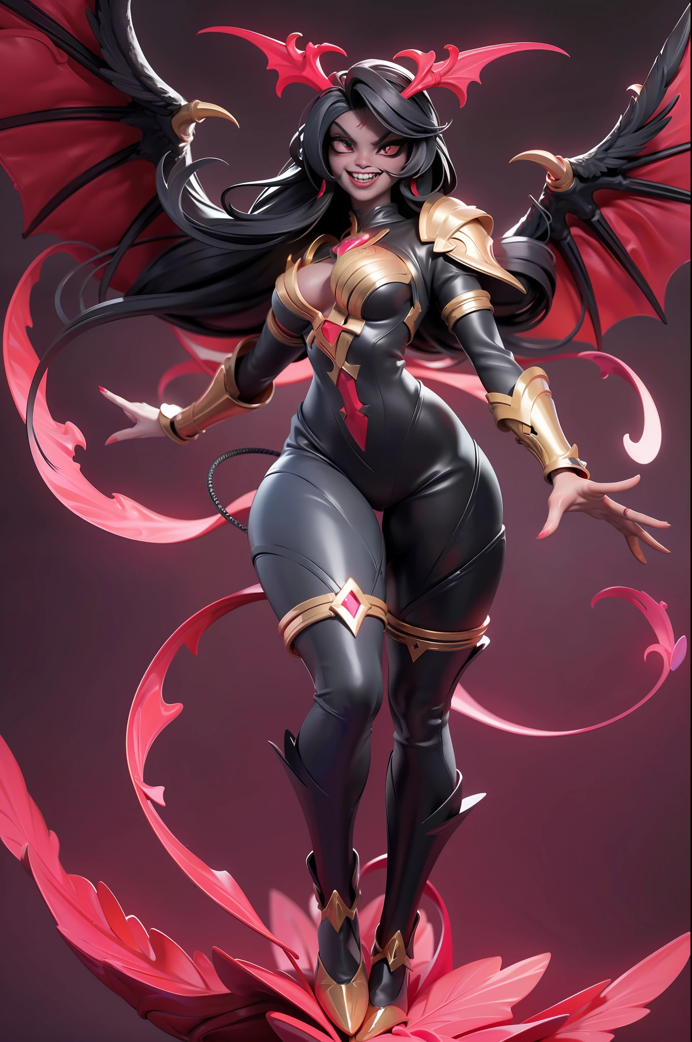 full body picture Unreal Engine 5 8K UHD of demon female, dark red skin, have 4 eyes with gold glowing, have demon wings, evil but seductive smile, vampire teeth, have wisps flying around, dark environment, devouring soul of a knight, best quality, masterpiece