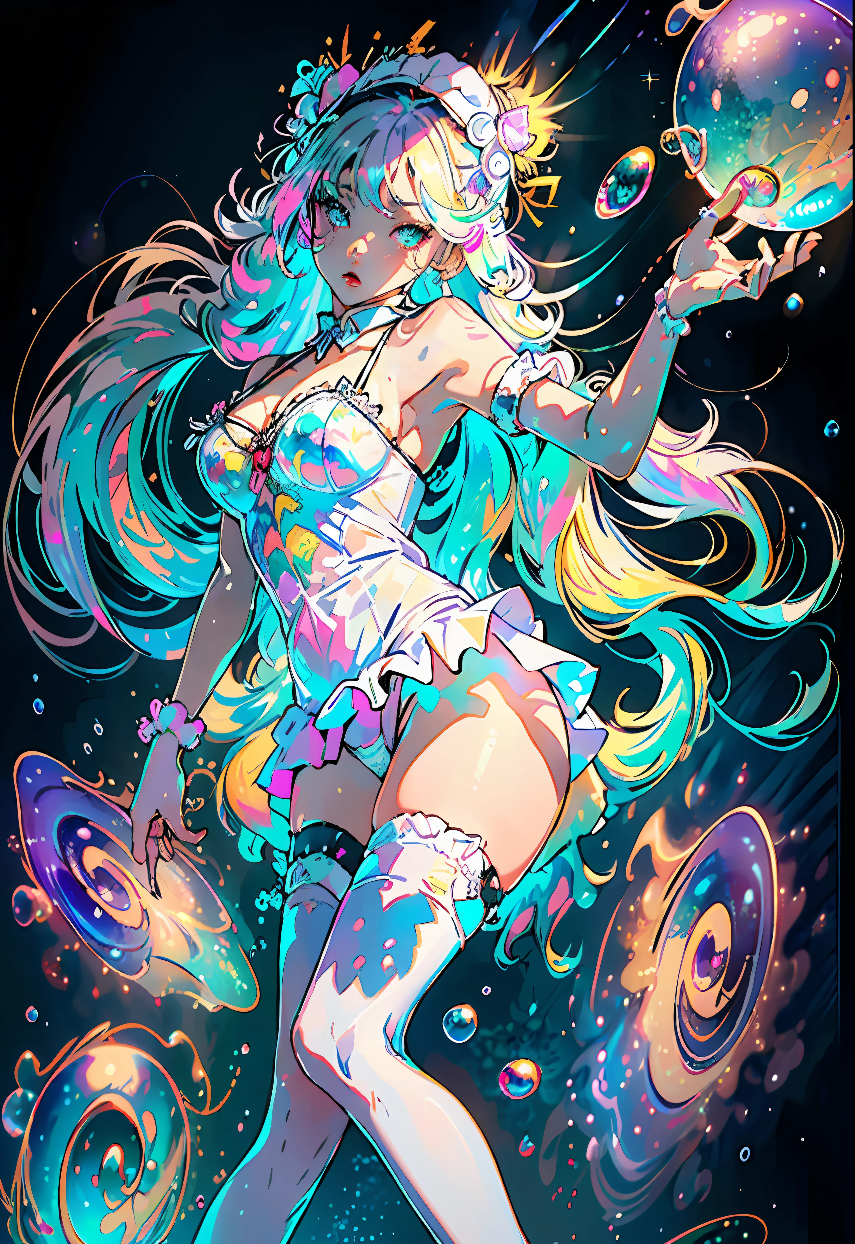 (masterpiece), (best quality), (official art, extremely detailed CG unity 8k wallpaper), (highly detailed), ((absurdres)), 1girl, mid shot, (exquisite facial features),(serafuku:1.3) ((sfw)),((clear hands)), ((white thighhighs without shoes)),aqua eyes, color contact lenses, stars in the eyes, (((colorful bubble))), colourful glass, (album cover)