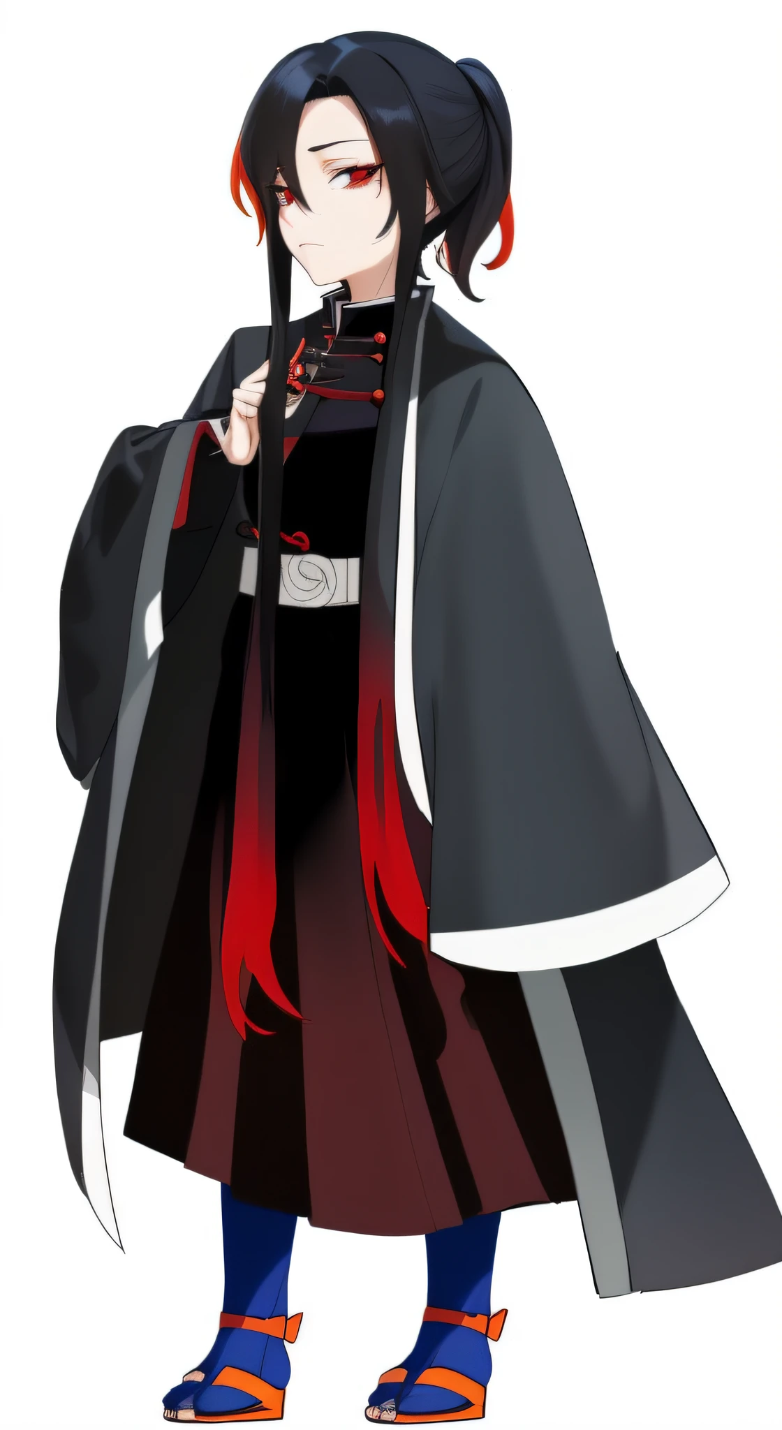 a cartoon image of a woman in a black robe and red hair, akatsuki akira, itatchi uchiha, hijikata toushirou, ueshiba riichi, full body black and red longcoat, hijikata toushirou of gintama, wearing dark robe, tsukasa dokite, itachi uchiha --auto --s2