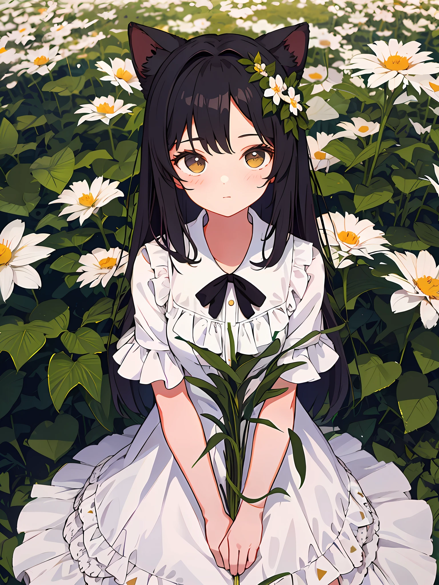 Masterpiece, best quality, girl in soft clothes, girl looking at the endless flower field