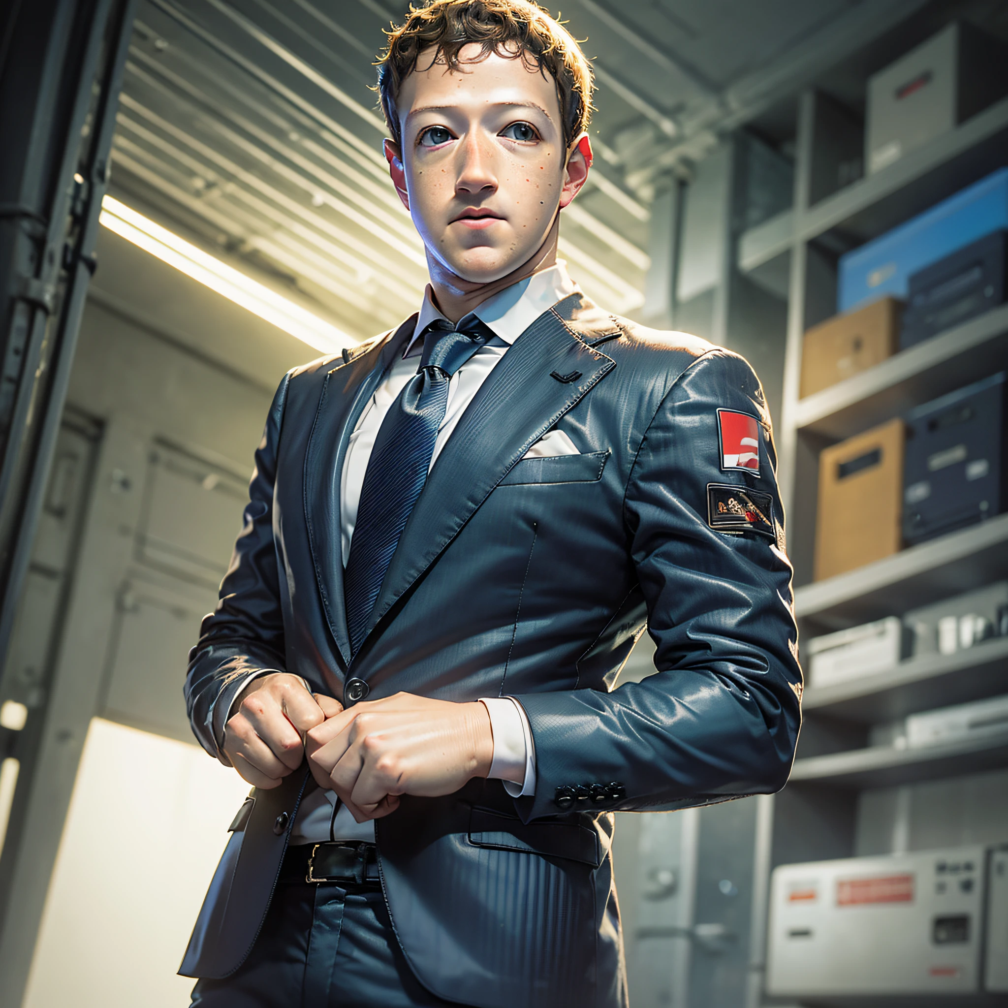 (Create an image of Mark Zuckerberg in a crisp business suit, sporting a pair of boxing gloves, with a determined and confident expression on his face.) --auto --s2